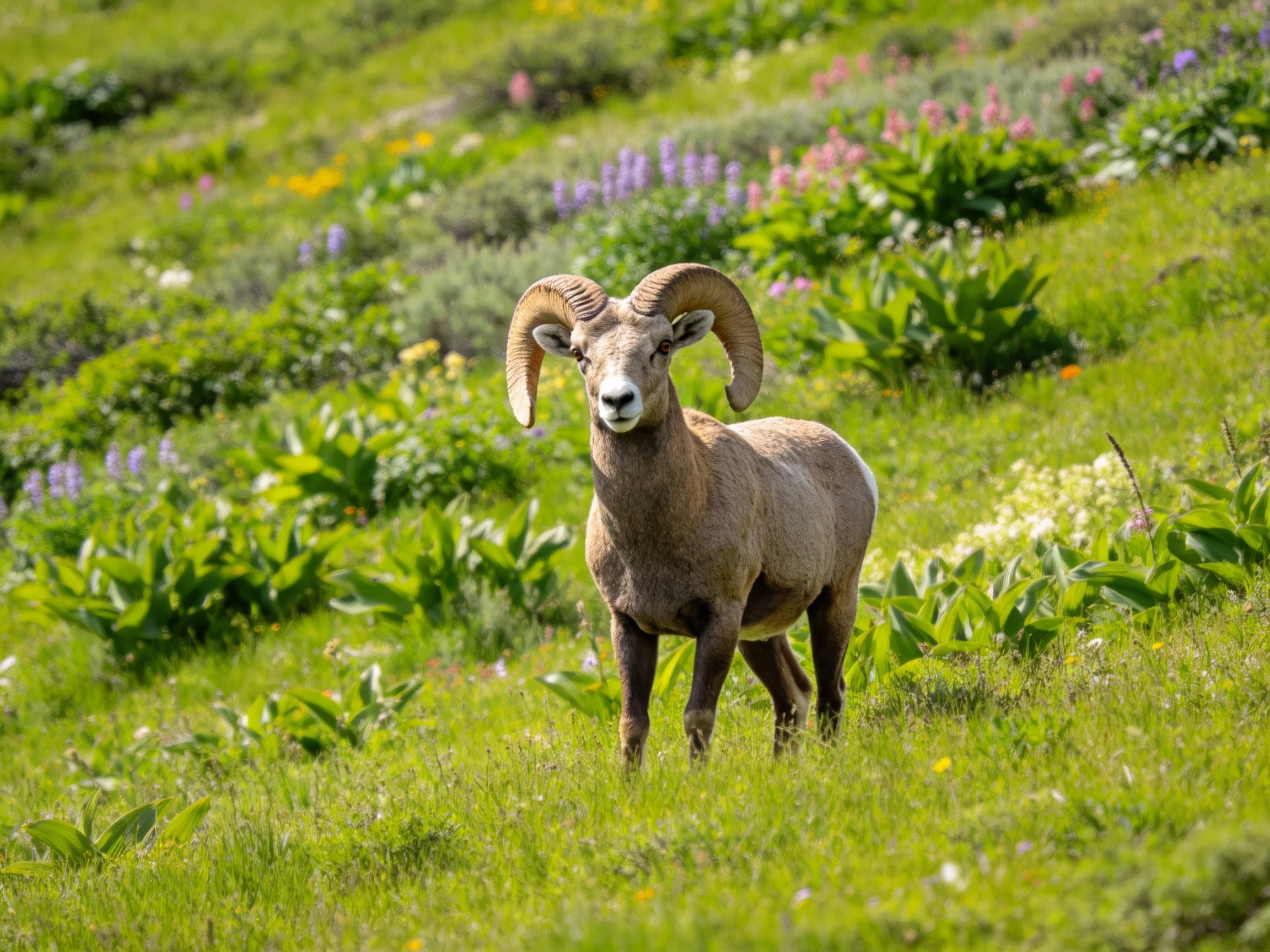 Bighorn sheep amid colorful wildflowers in lush green landscape