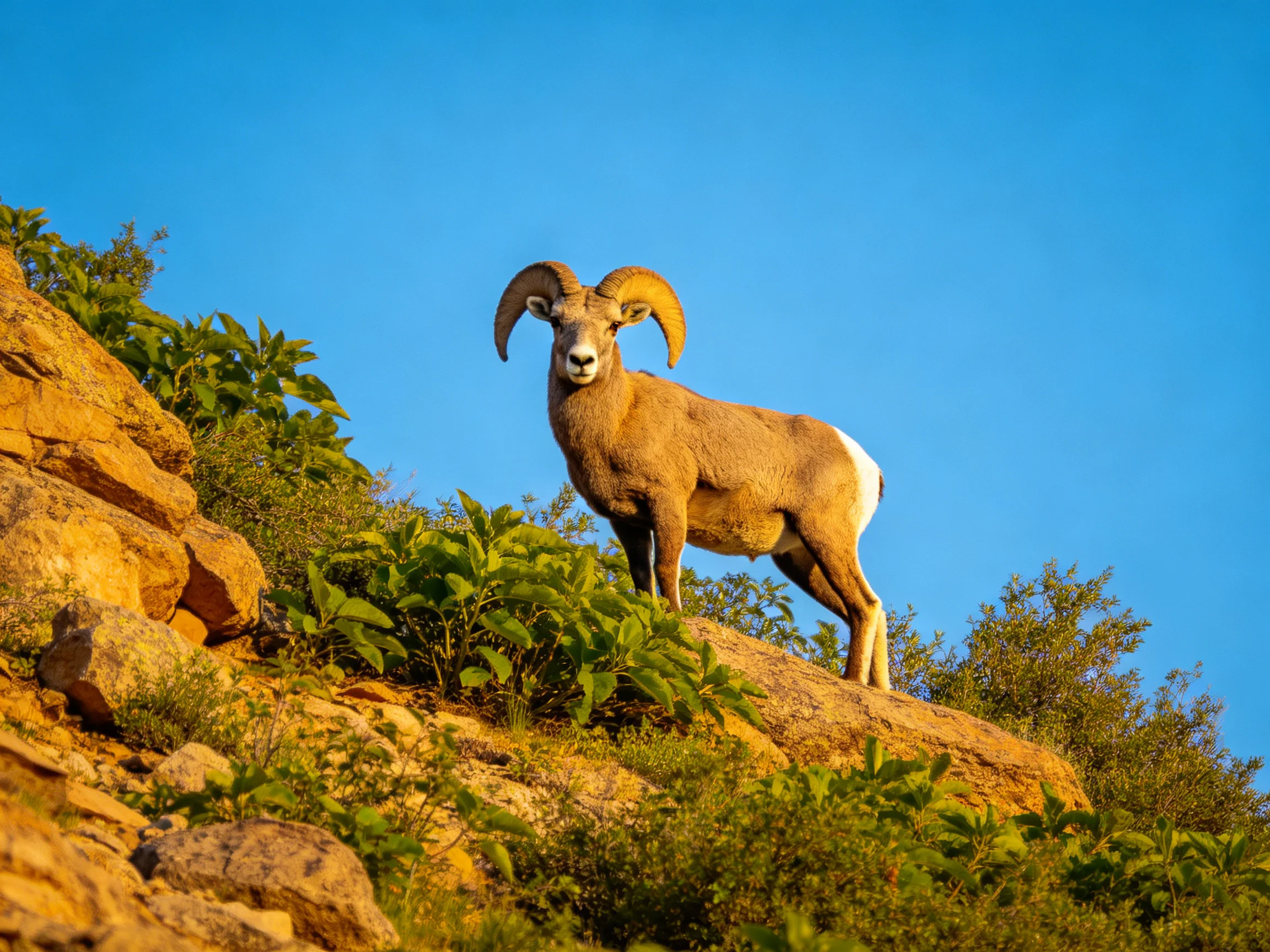 Bighorn sheep atop rocky hillside with lush greenery and clear blue sky