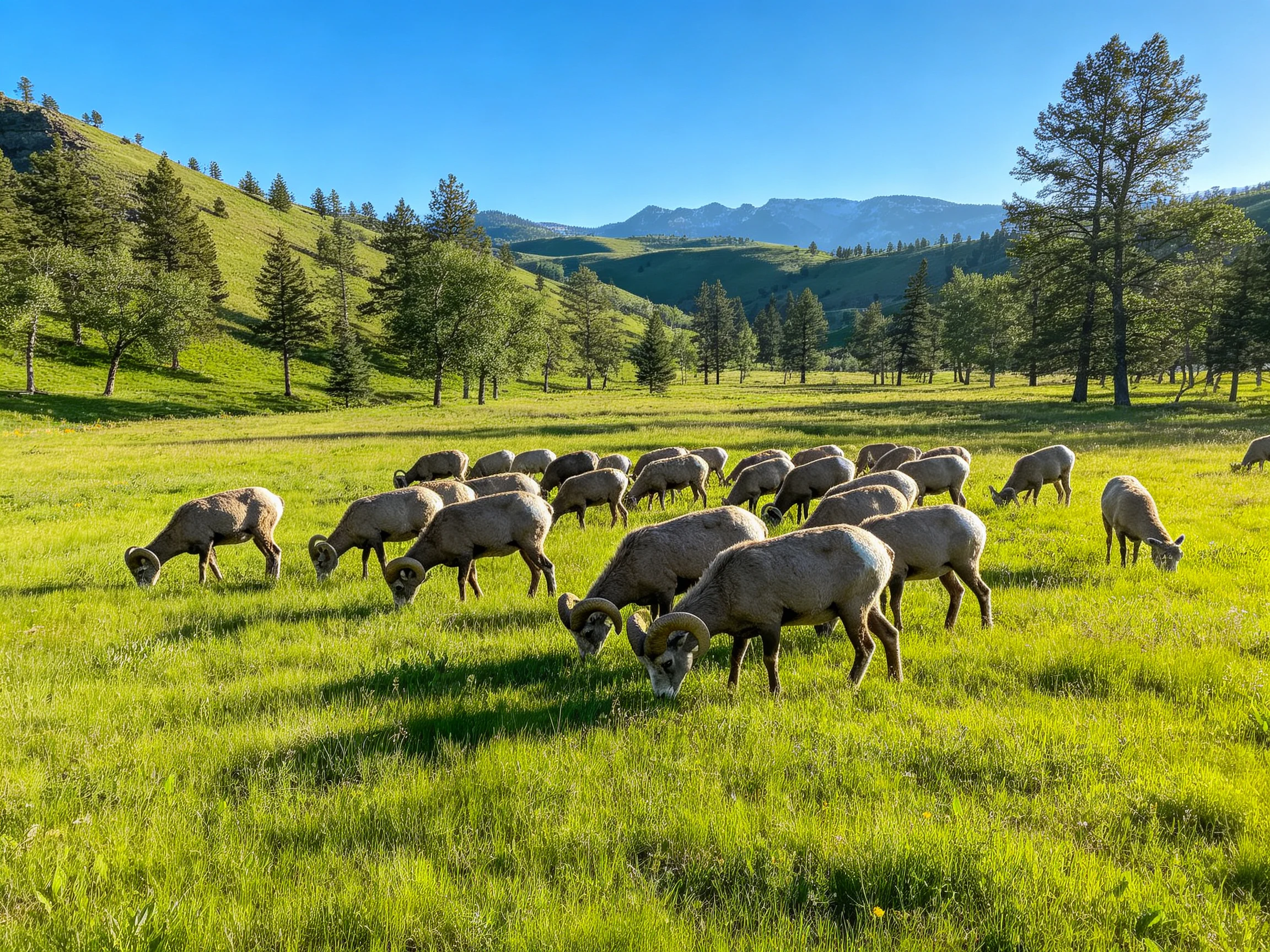 Bighorn sheep graze in a lush green meadow with pine trees and mountain views