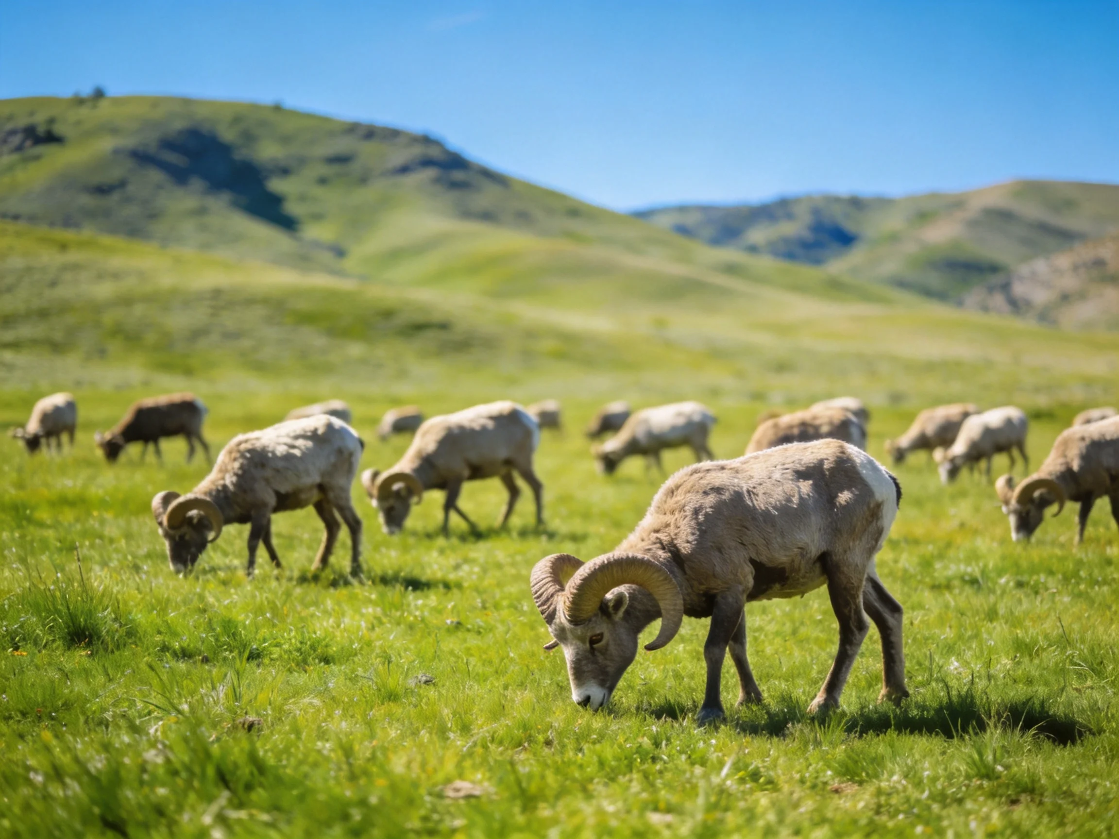 Bighorn sheep graze in a lush green meadow with rolling hills
