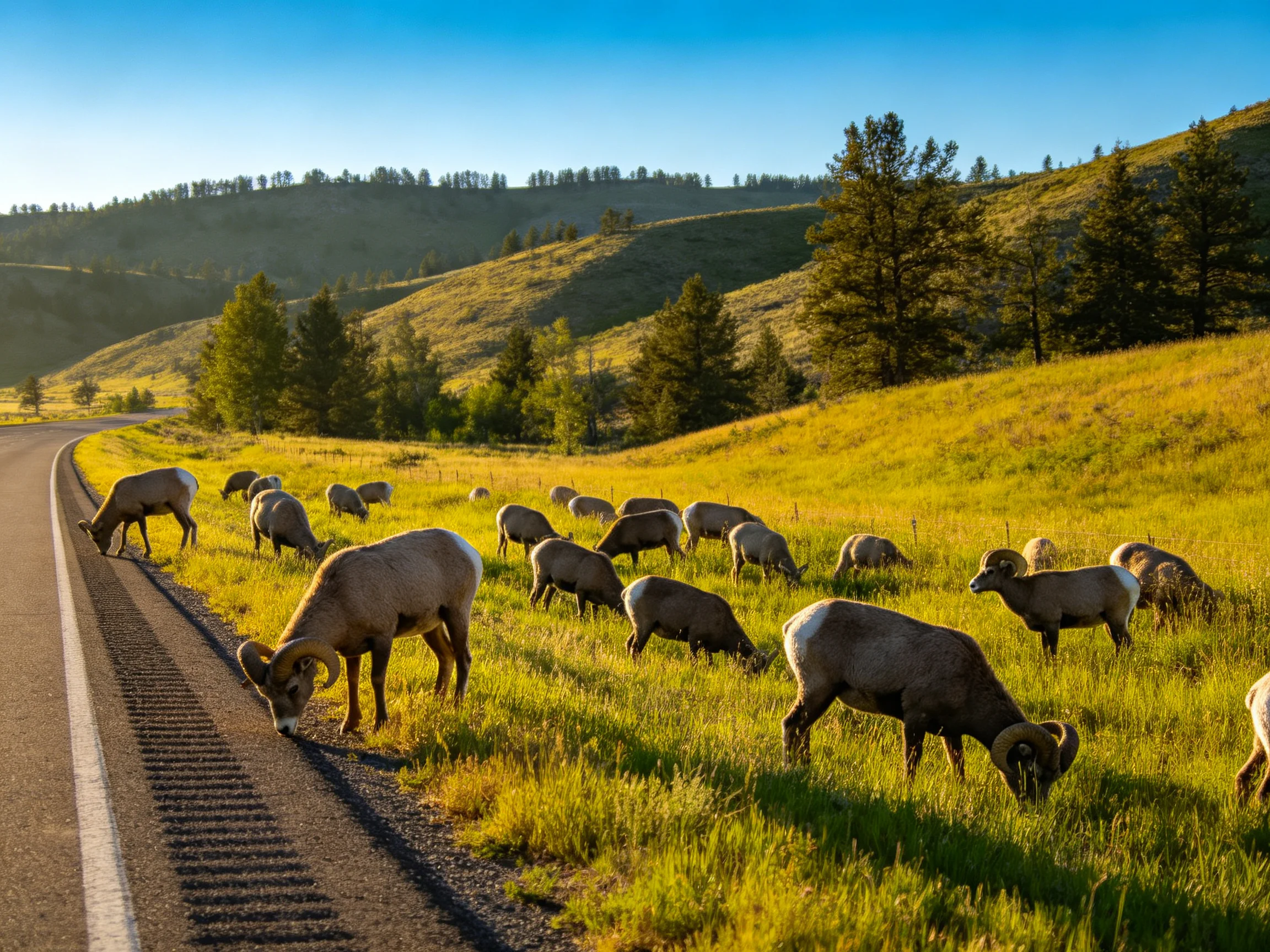 Bighorn sheep graze near a highway with rolling green hills