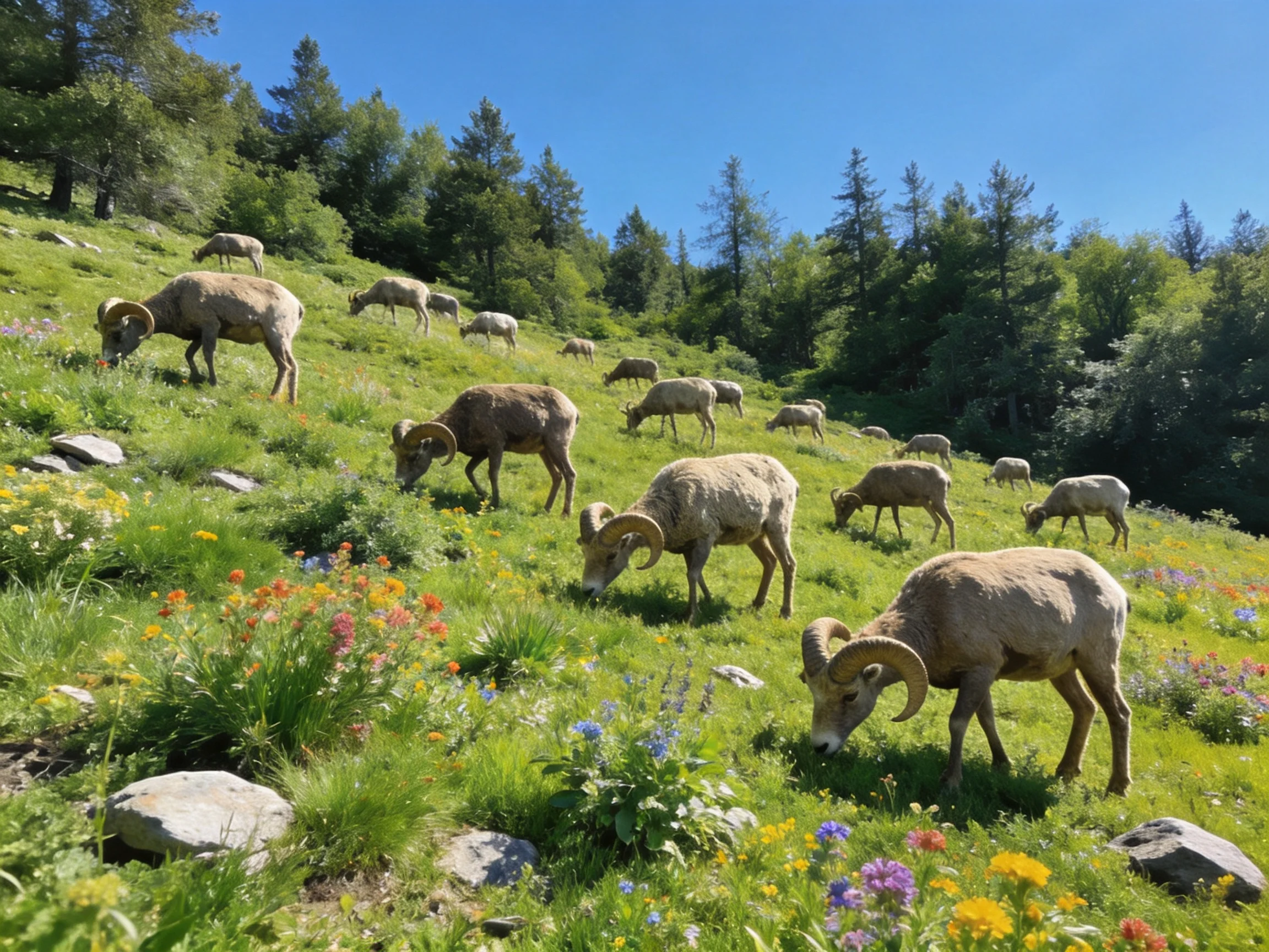 Bighorn sheep graze on a flower-filled mountain slope with pine trees