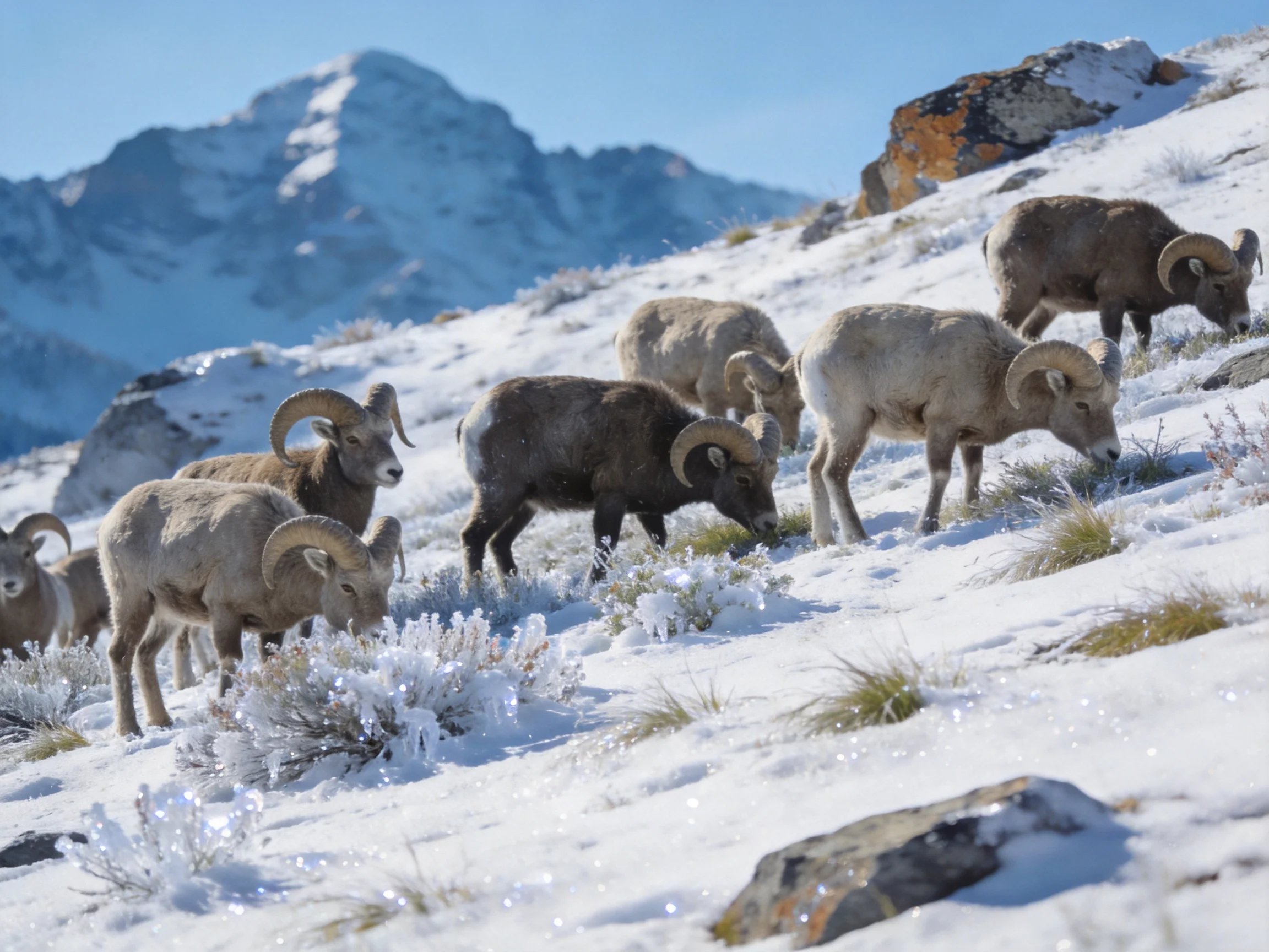 Bighorn sheep graze on a snow-dusted mountain slope with rocky peaks