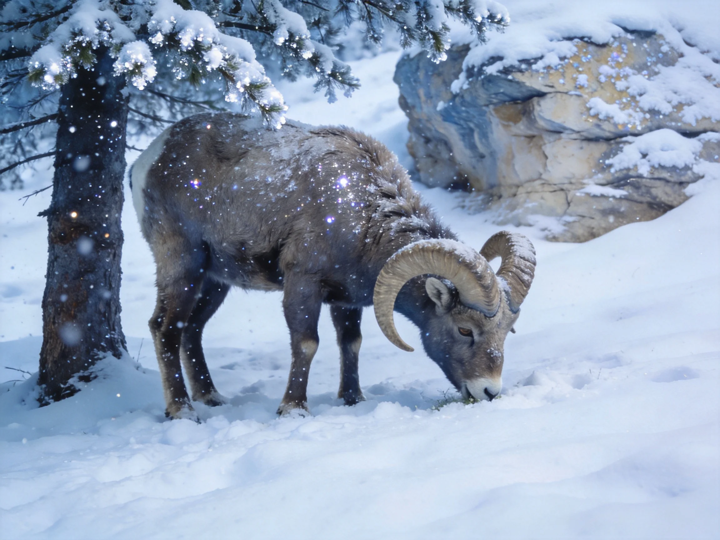 Bighorn sheep grazing in a snow - covered mountainous forest