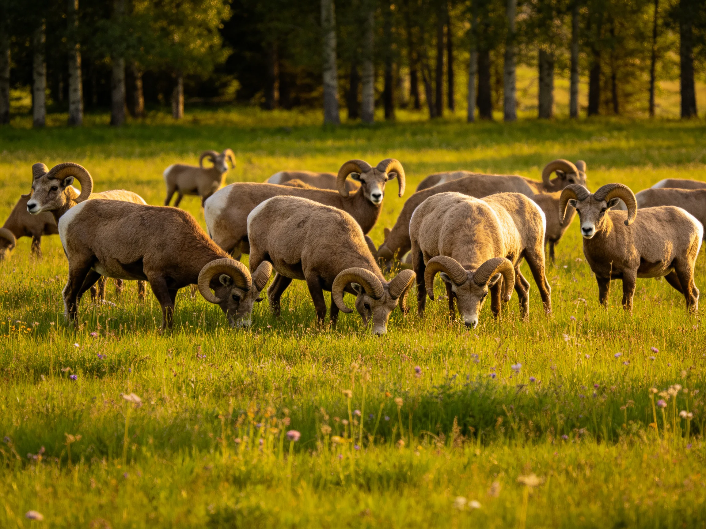 Bighorn sheep grazing in golden meadow near forest edge