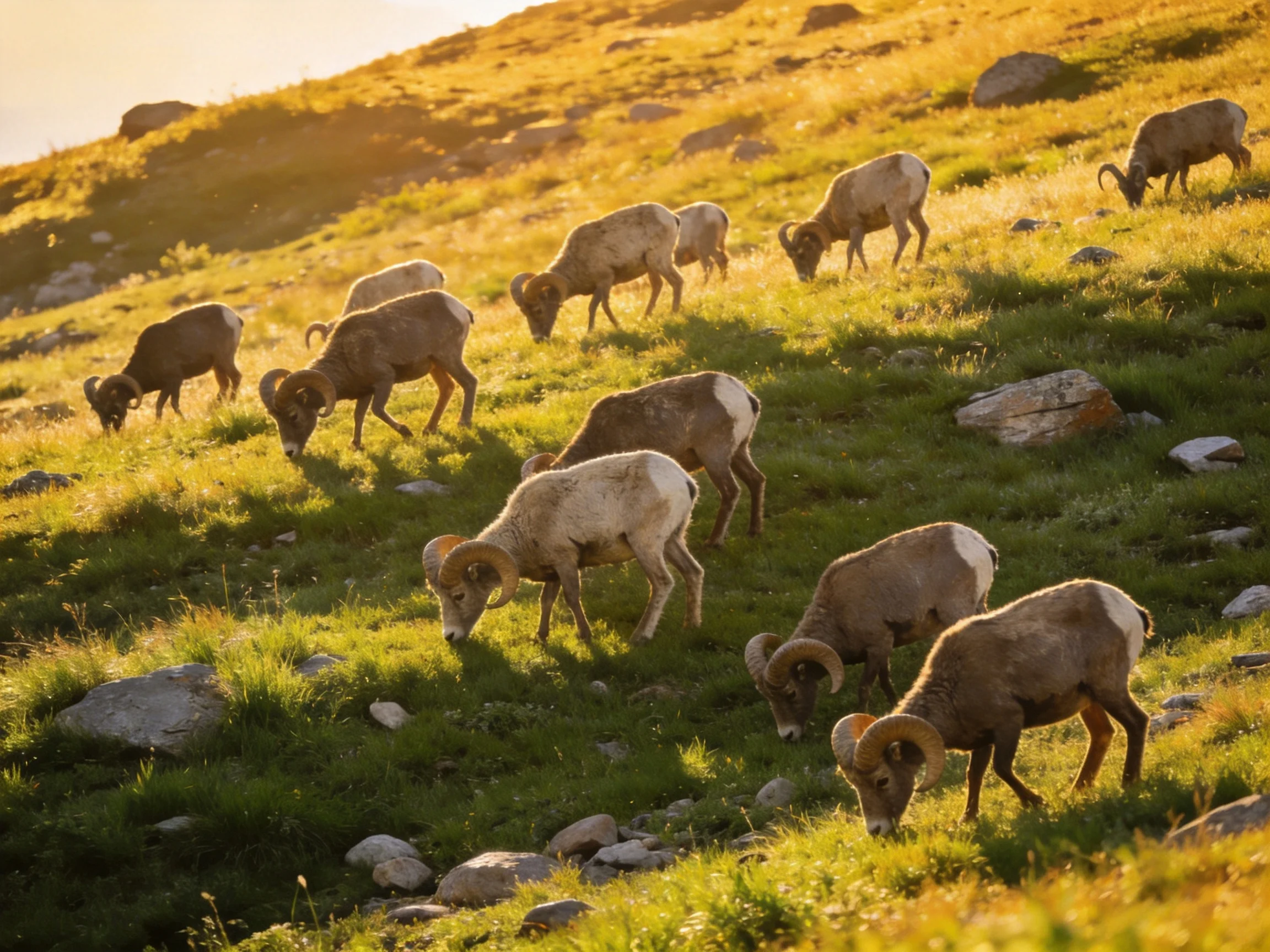 Bighorn sheep grazing on a golden-lit green hillside