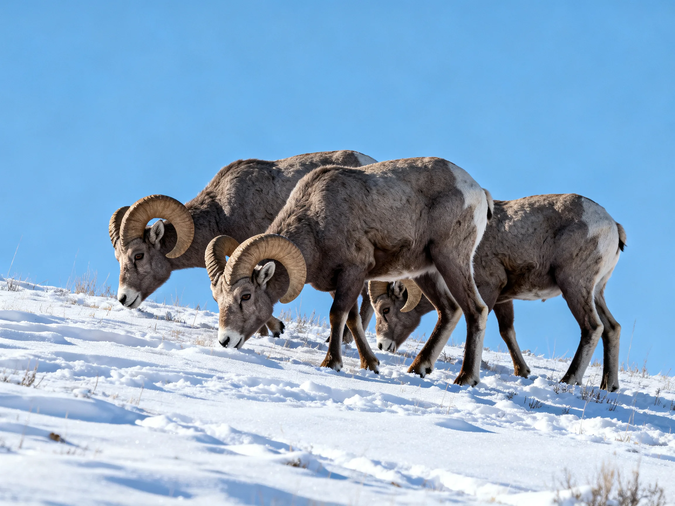 Bighorn sheep grazing on snowy mountain slope with clear blue sky