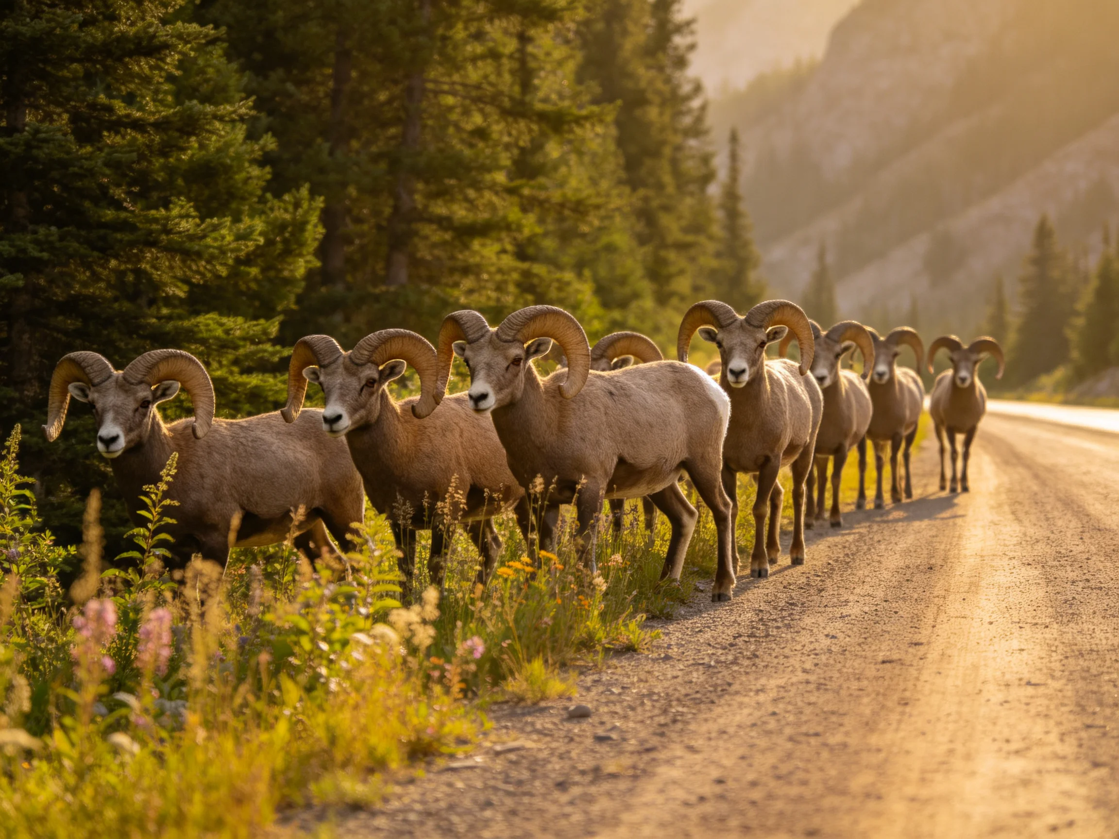 Bighorn sheep herd along a forested mountain road