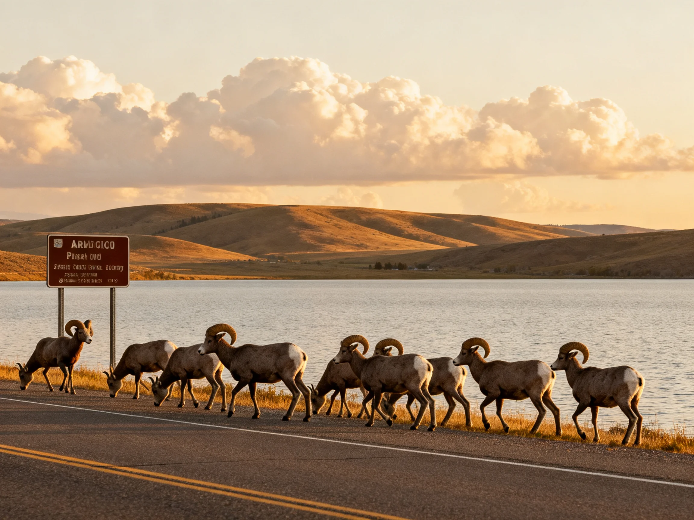 Bighorn sheep herd crossing highway near lake at golden hour
