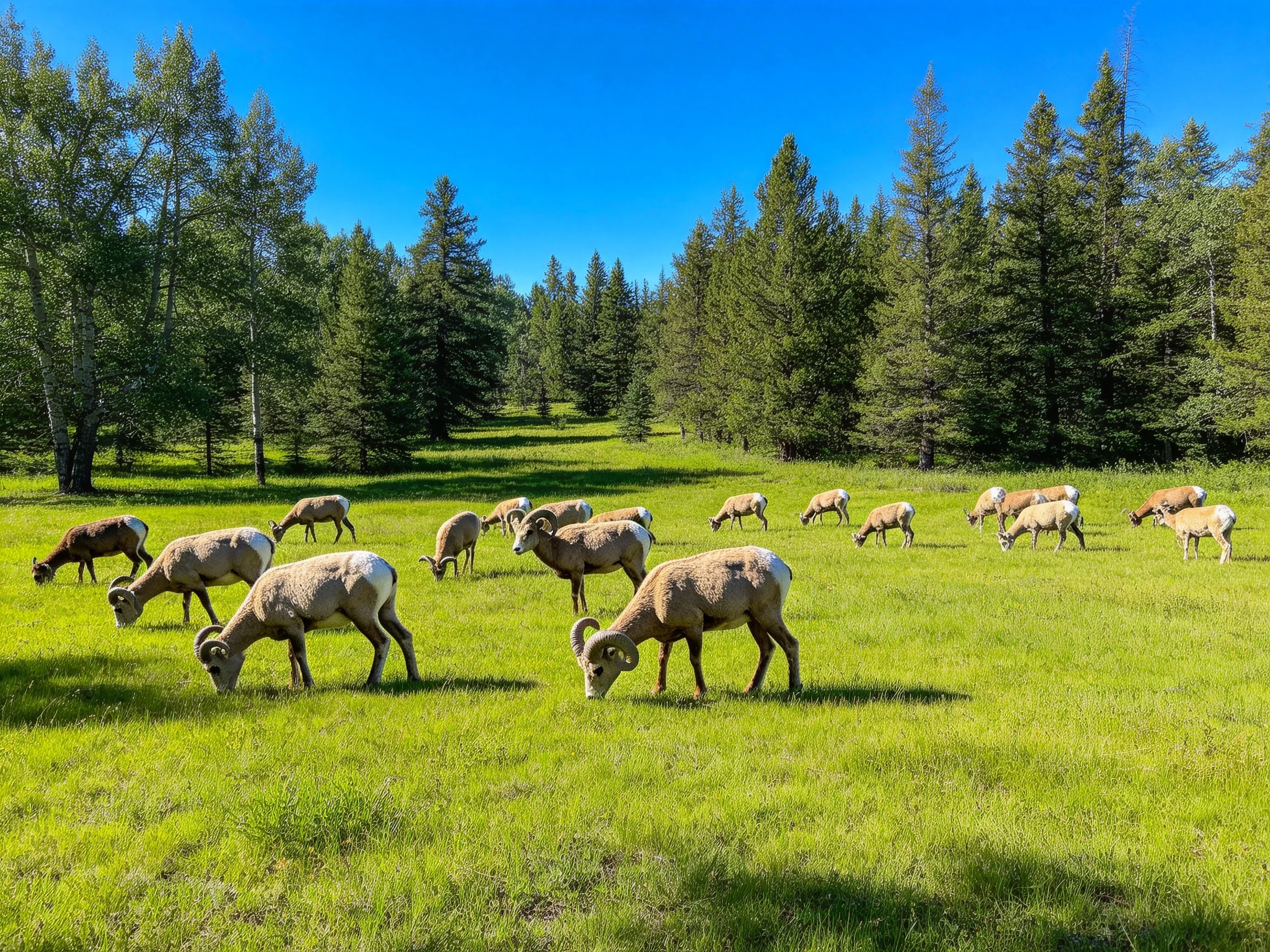 Bighorn sheep herd grazing in a sunlit green meadow
