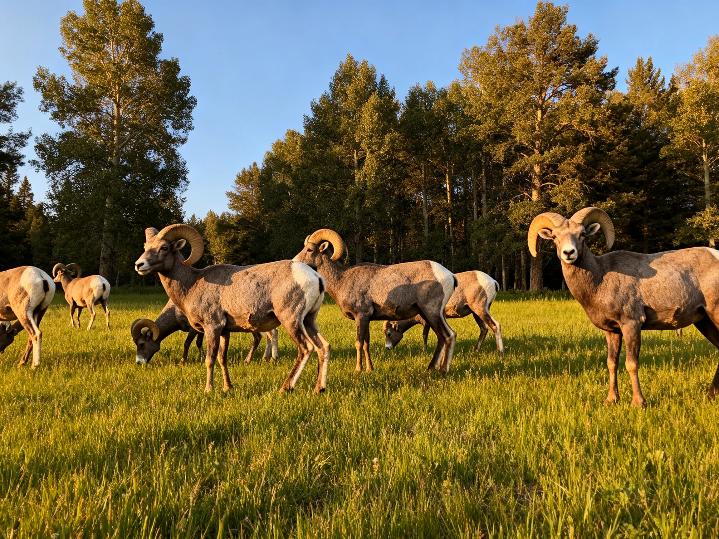 Bighorn sheep herd grazing in sunlit grassy meadow with forest backdrop