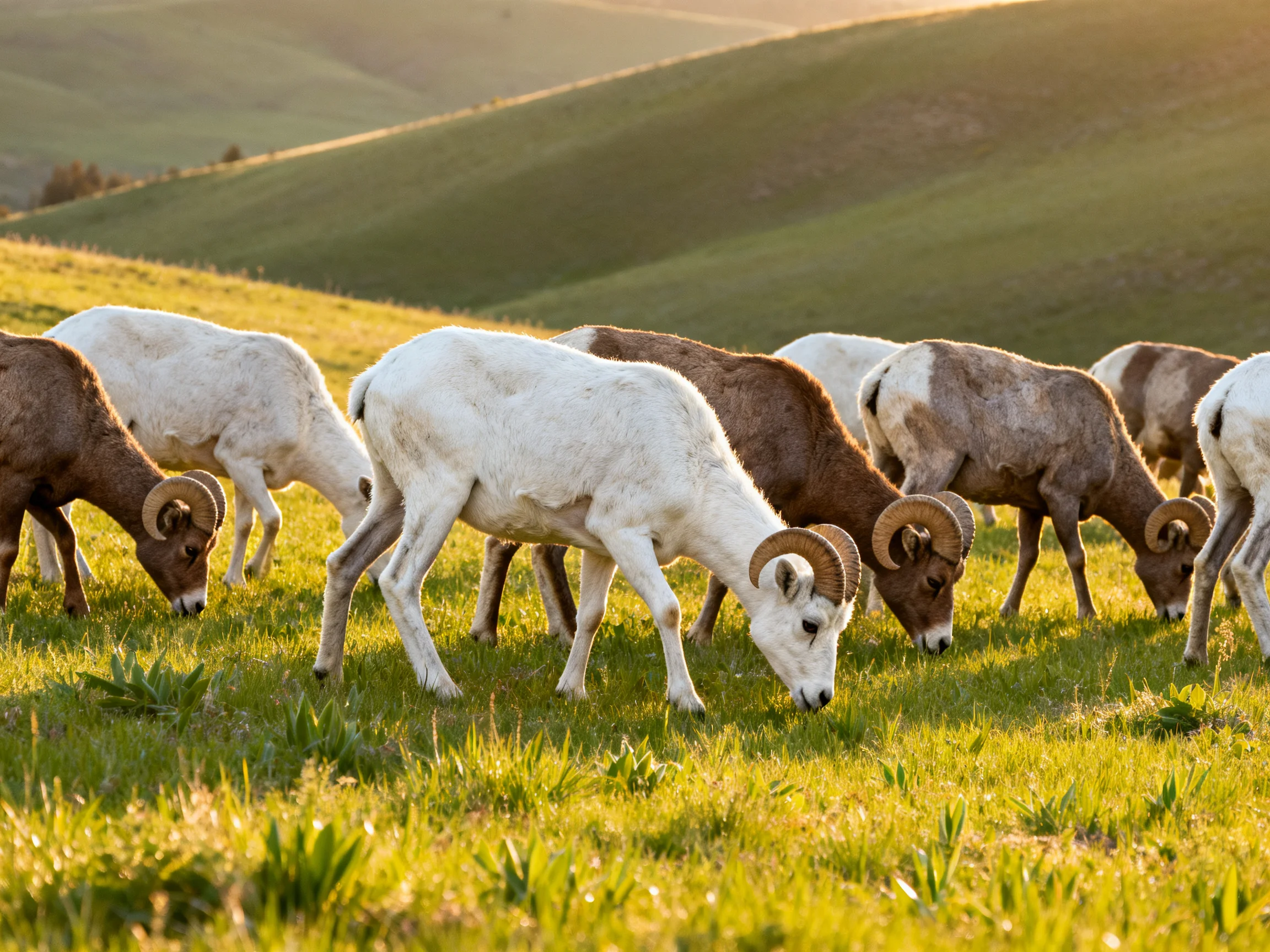 Bighorn sheep herd grazing on sunlit rolling green hills