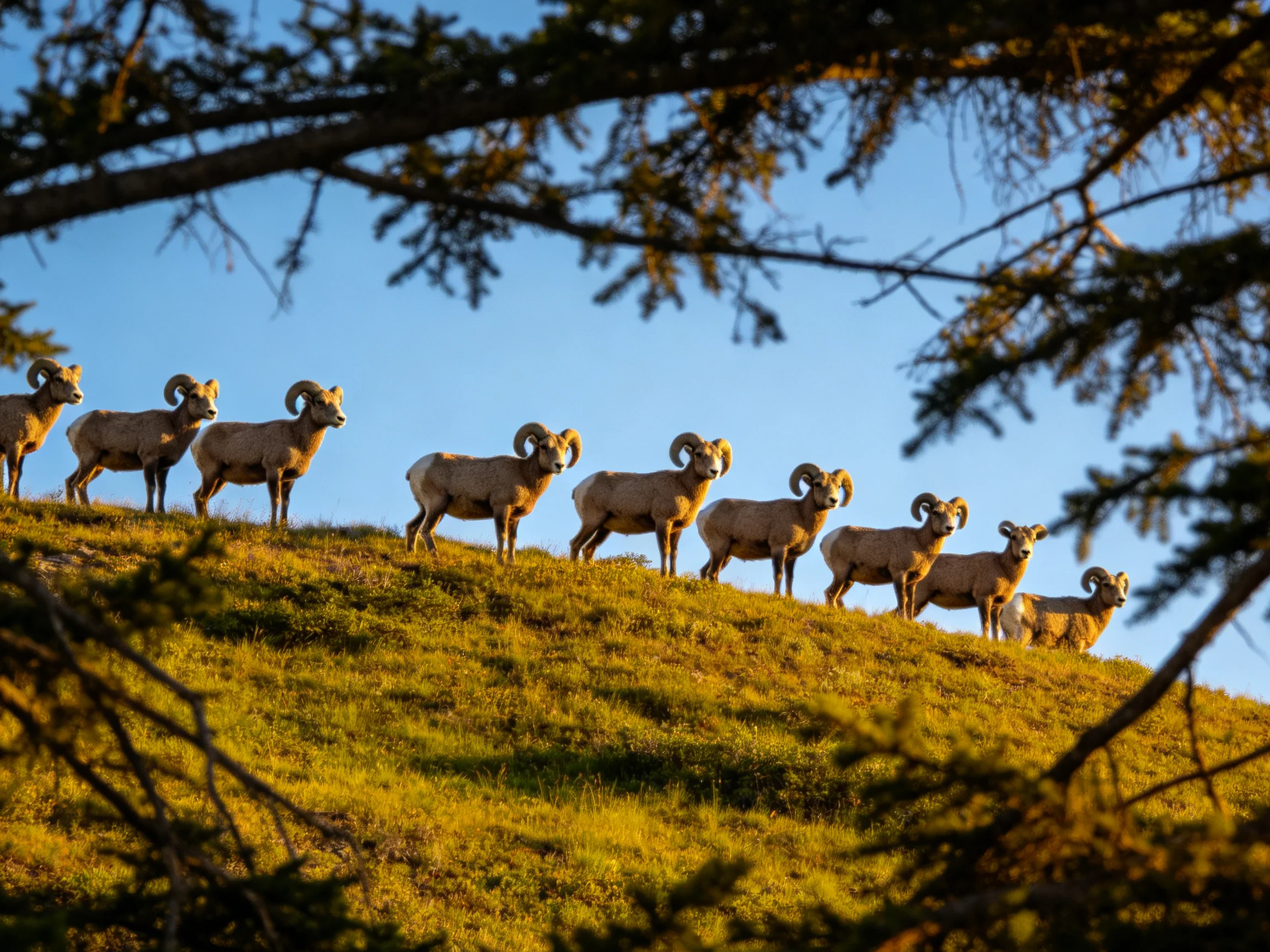 Bighorn sheep herd on a golden grassy hillside under blue sky