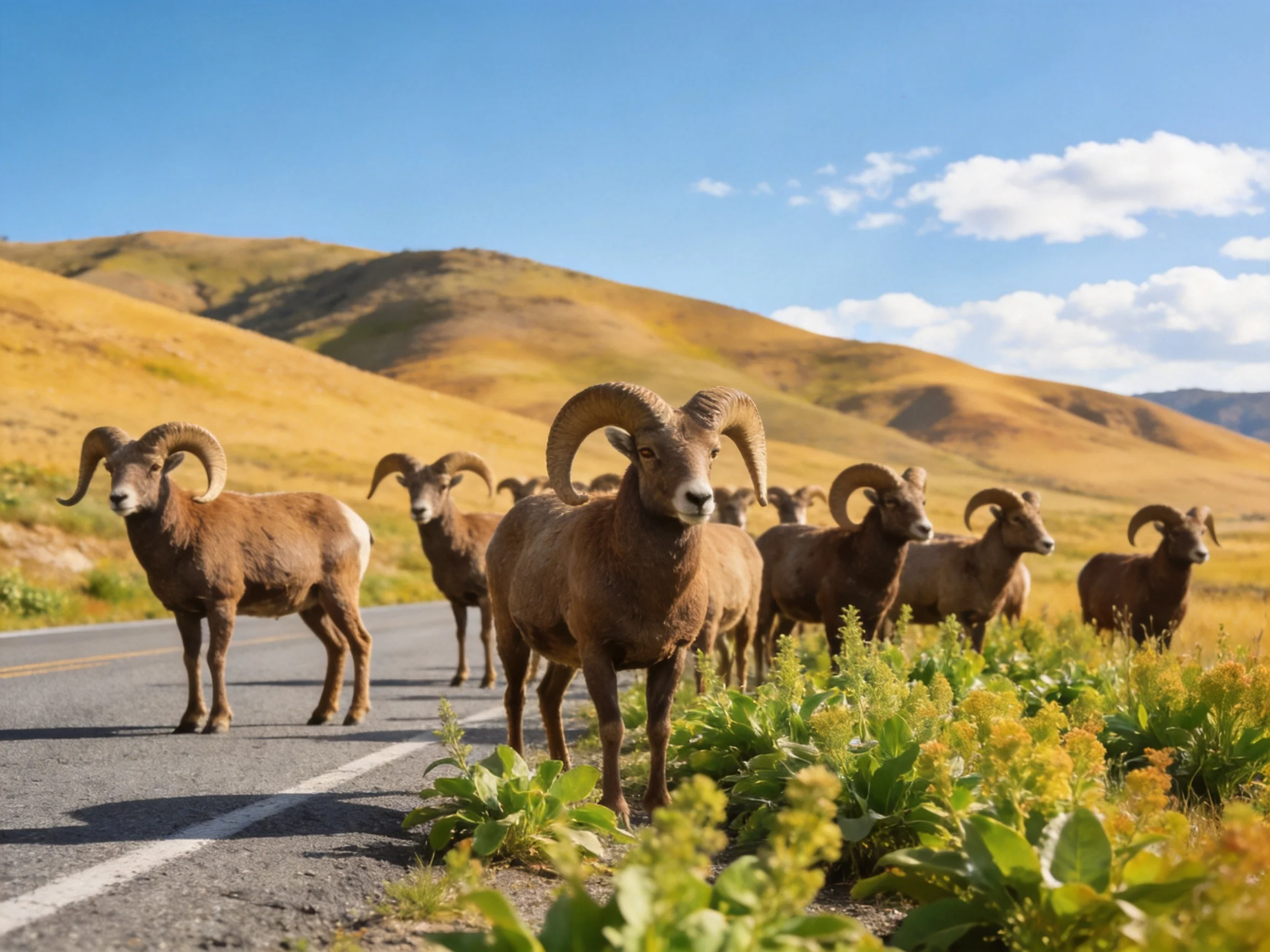 Bighorn sheep herd on a paved mountain road