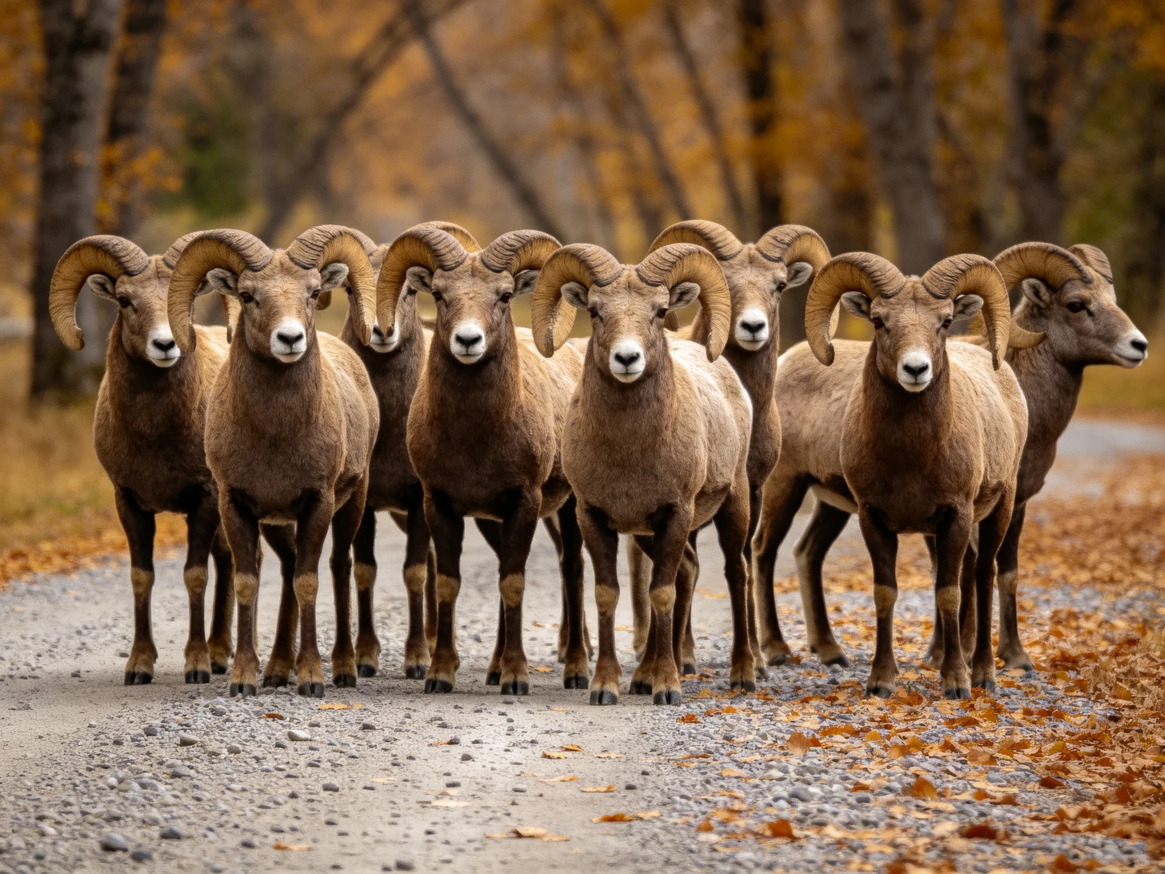 Bighorn sheep herd on autumn gravel path