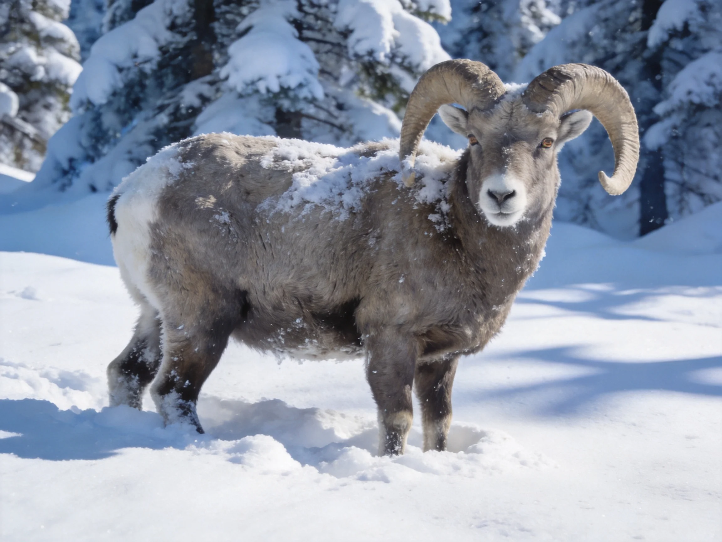 Bighorn sheep in a snowy forest setting