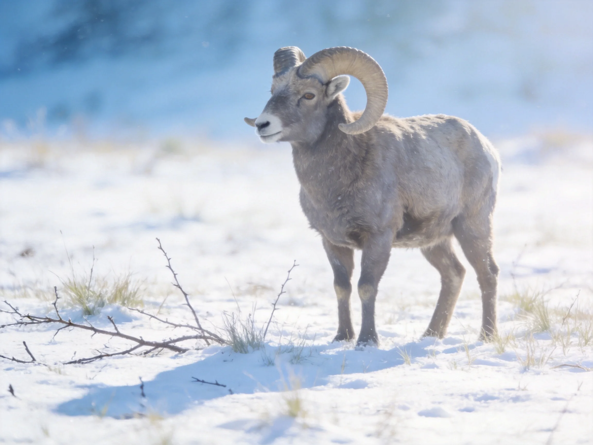 Bighorn sheep in a snowy open field