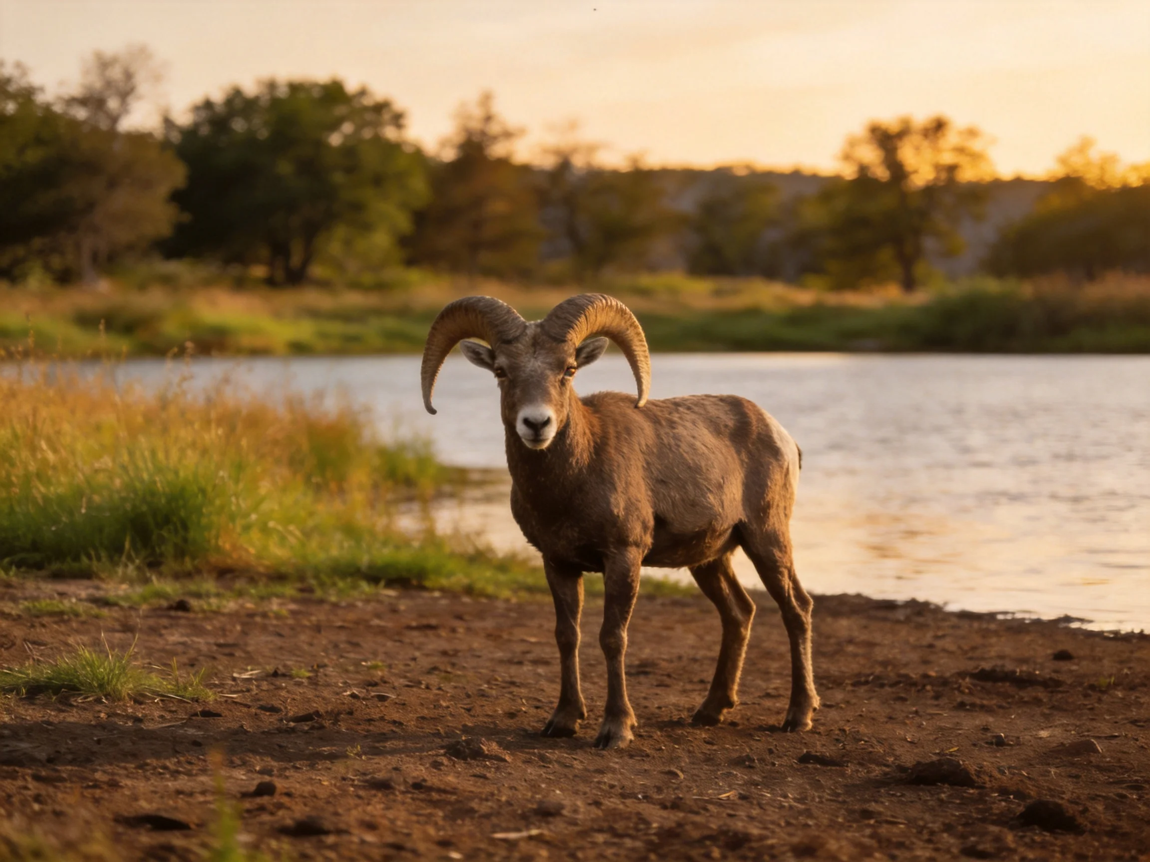 Bighorn sheep near calm water during golden hour