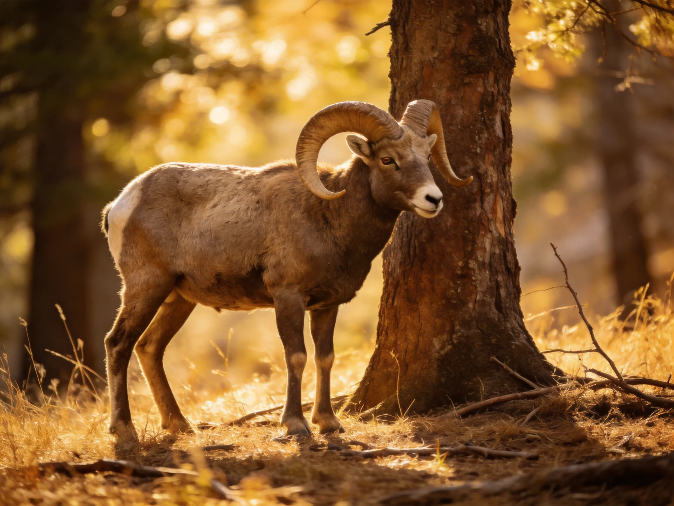 Bighorn sheep near tree in golden forest