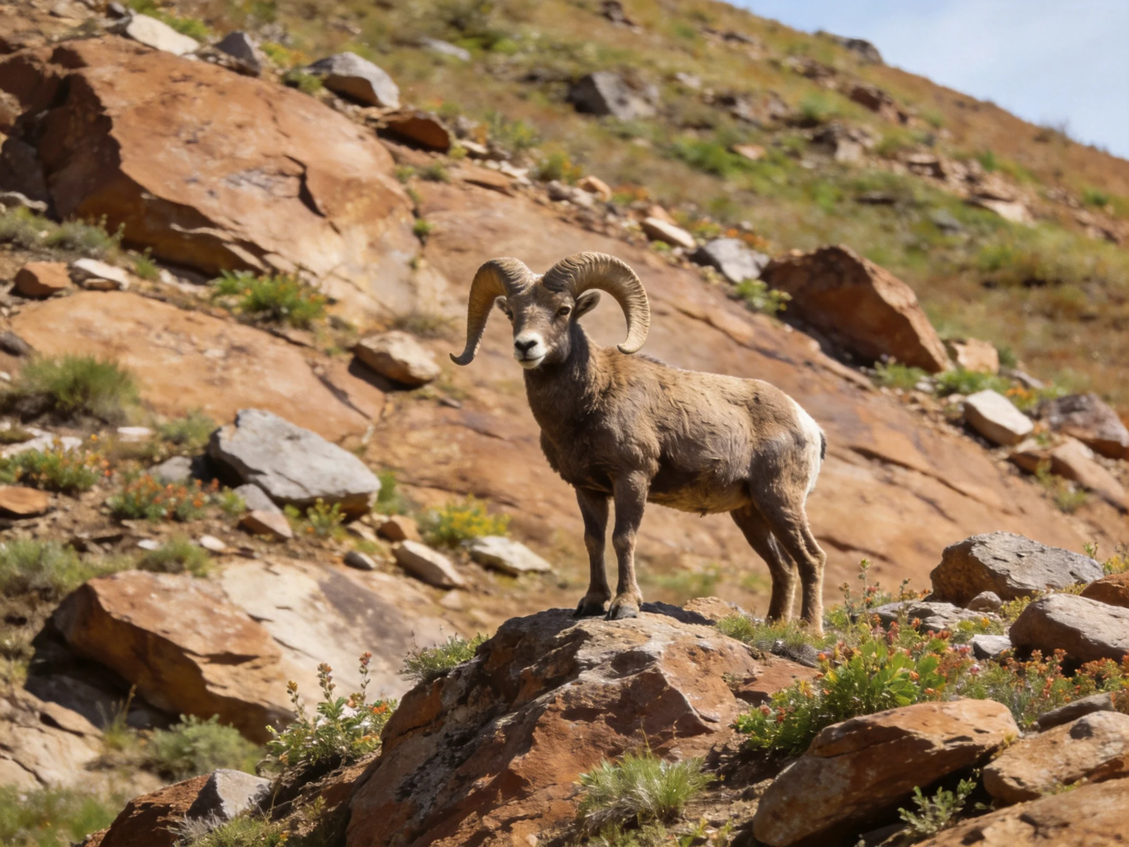 Bighorn sheep on a rugged, reddish-brown rocky hillside with sparse vegetation