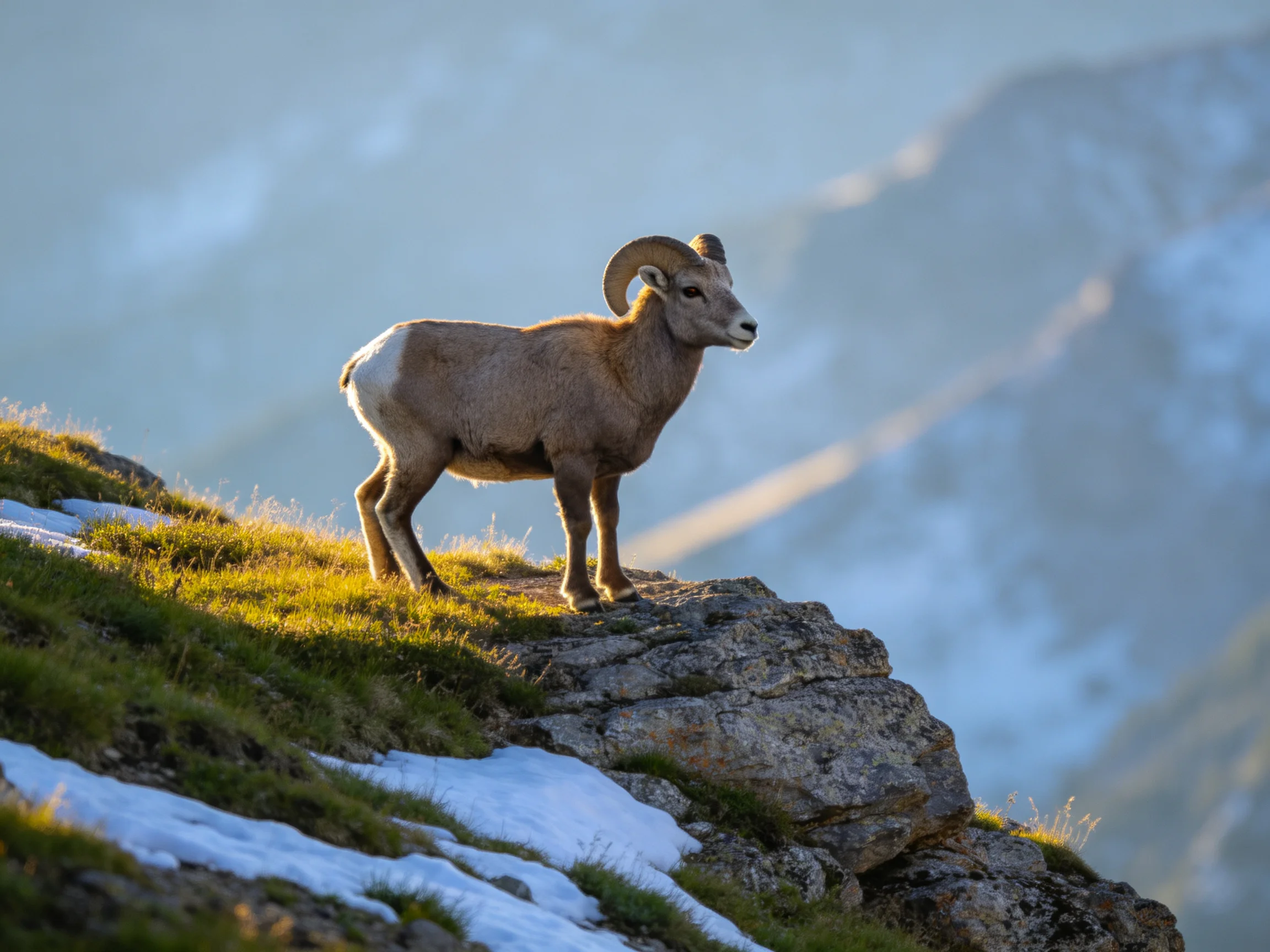 Bighorn sheep on rocky cliffside with snow and greenery