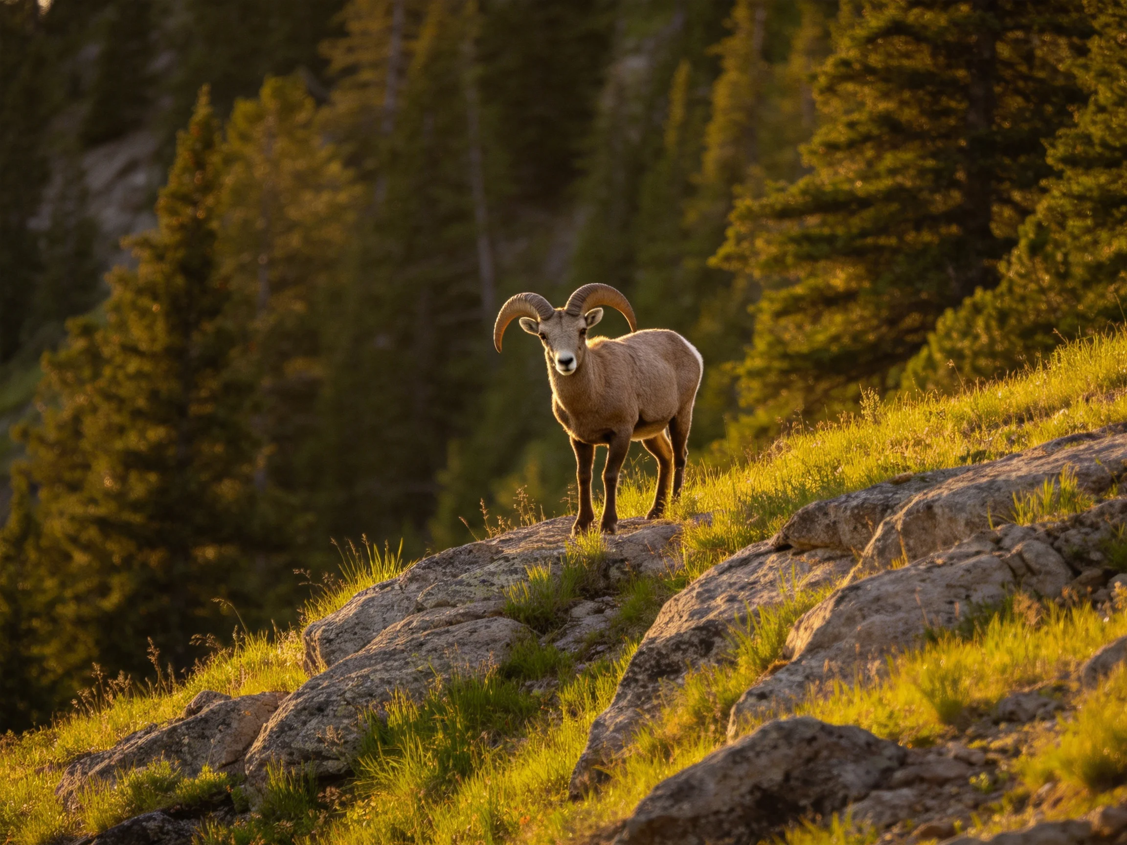 Bighorn sheep on rocky hillside near forest