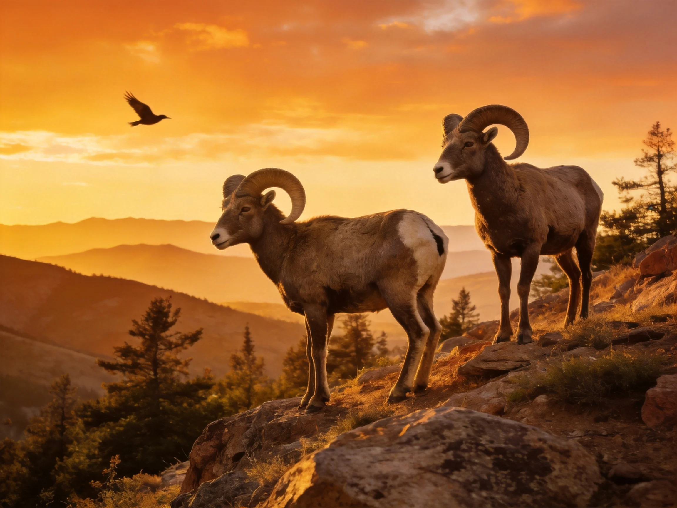 Bighorn sheep on rocky slope at golden sunset with mountains