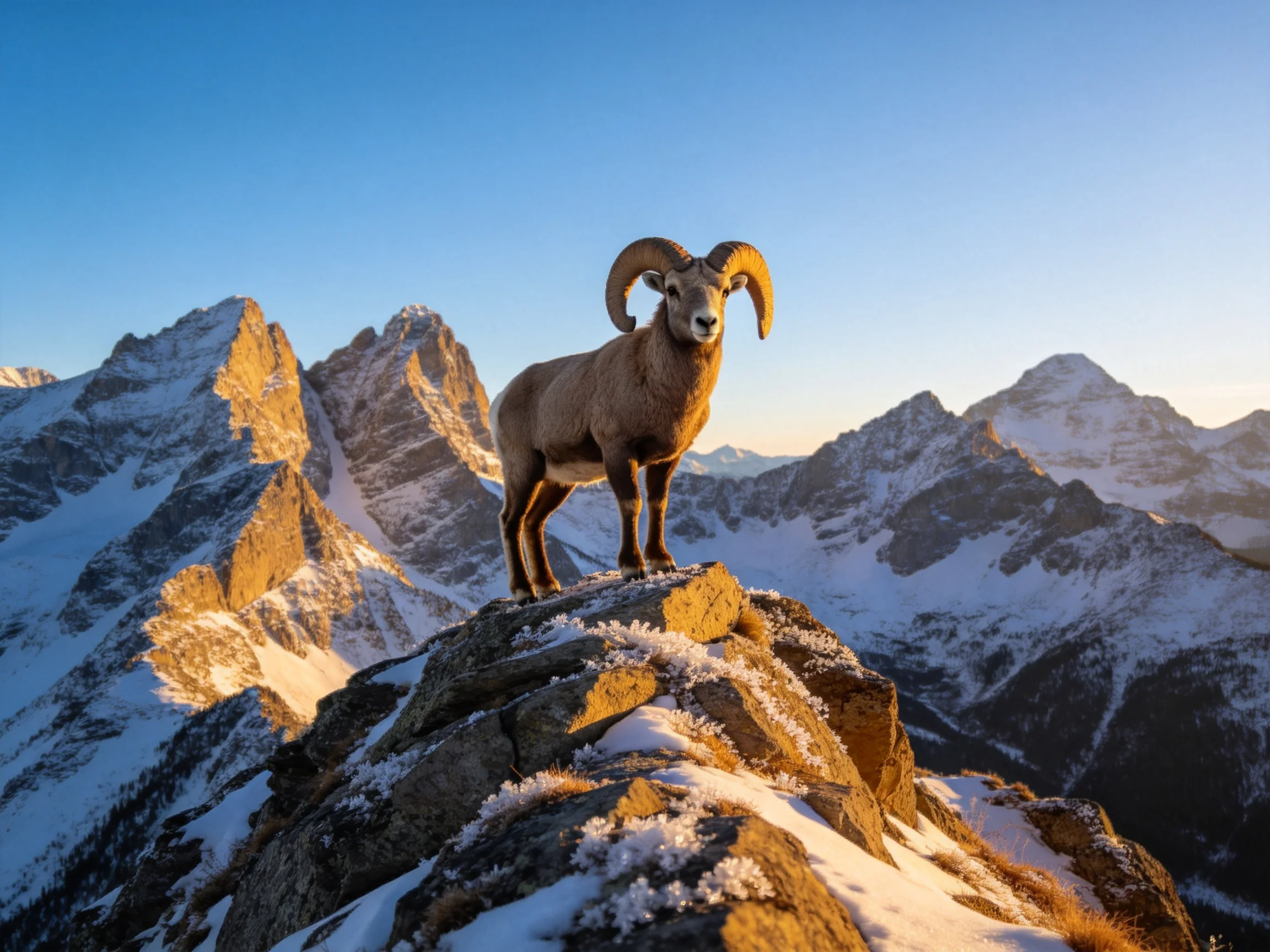 Bighorn sheep on snow-dusted rocky peak with mountain range