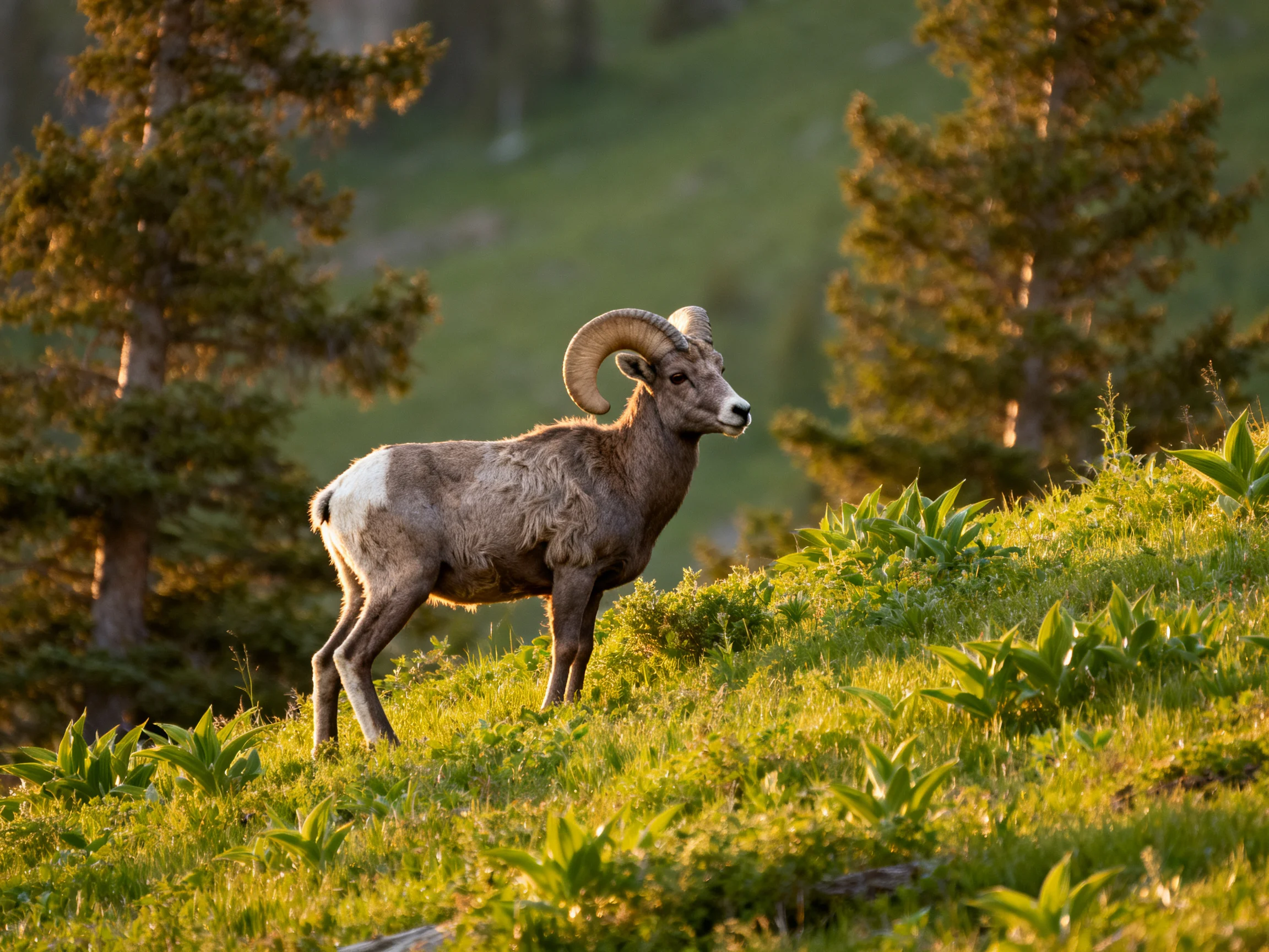 Bighorn sheep on sun-drenched green hillside with pine trees
