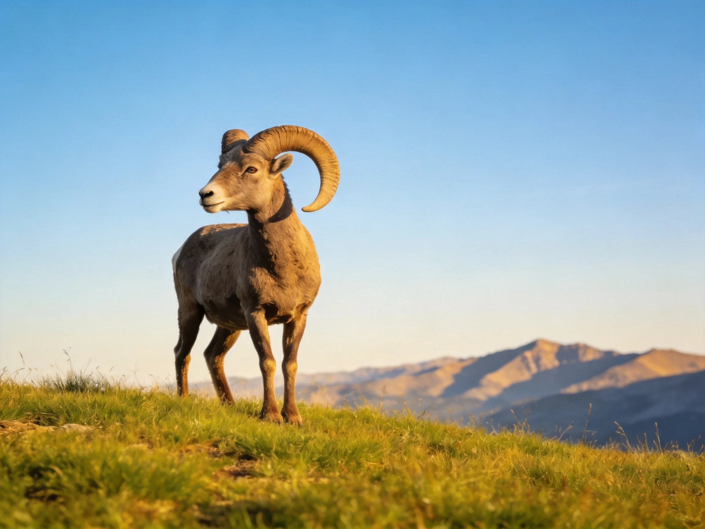 Bighorn sheep standing on a grassy hilltop with mountains