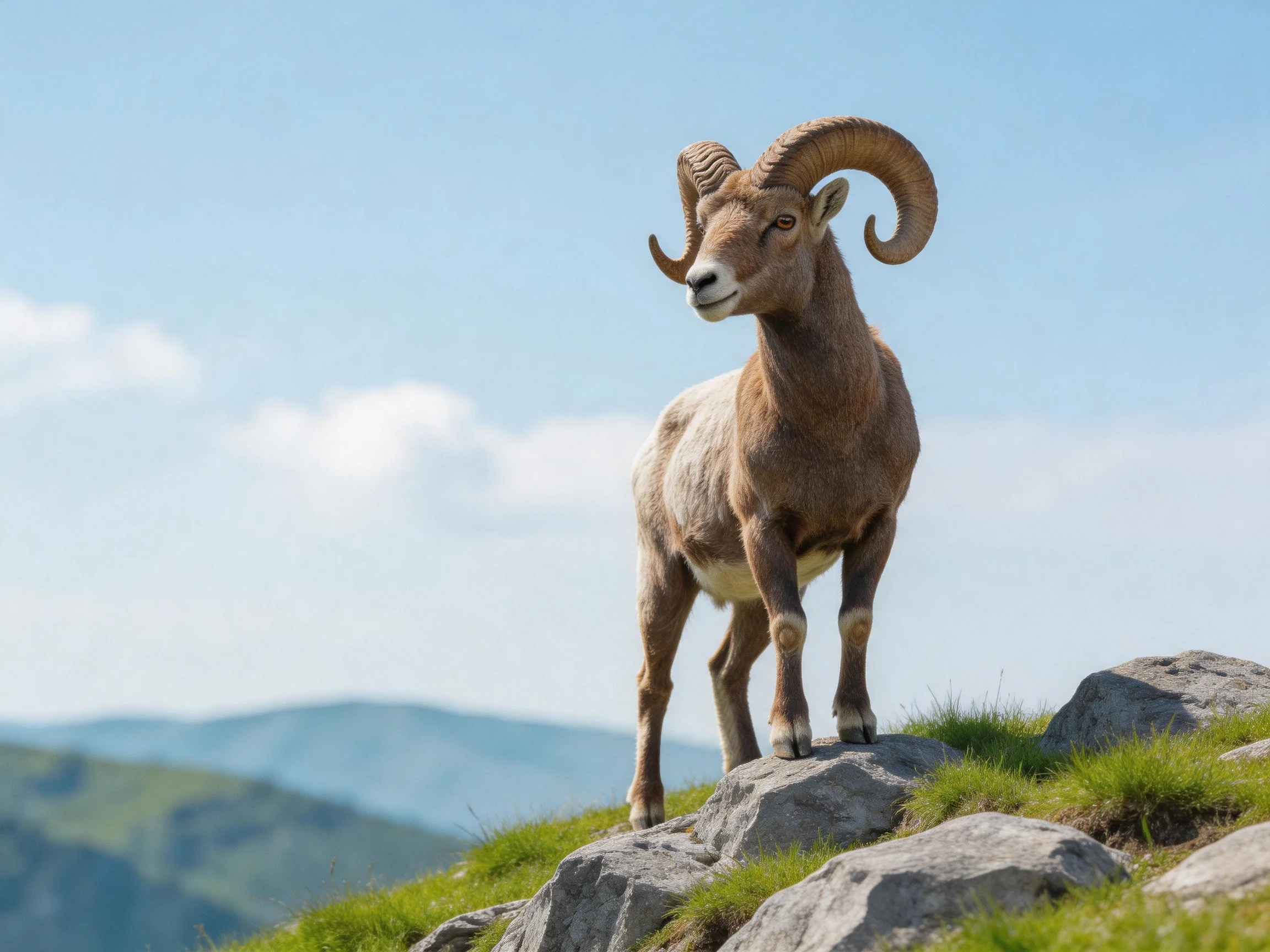 Bighorn sheep stands atop rocky terrain with mountainous backdrop