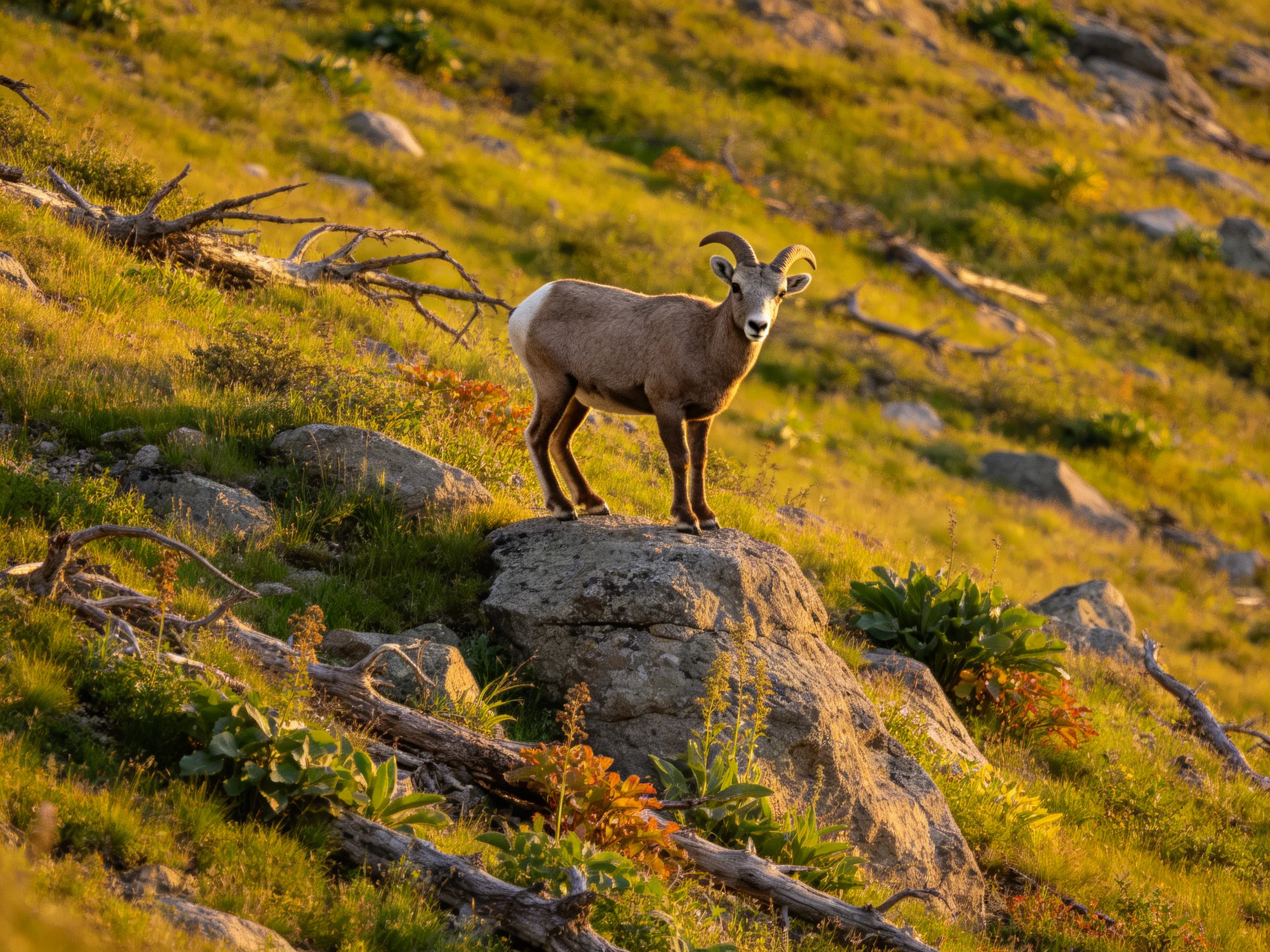 Bighorn sheep stands on a rocky hillside in golden-hour light