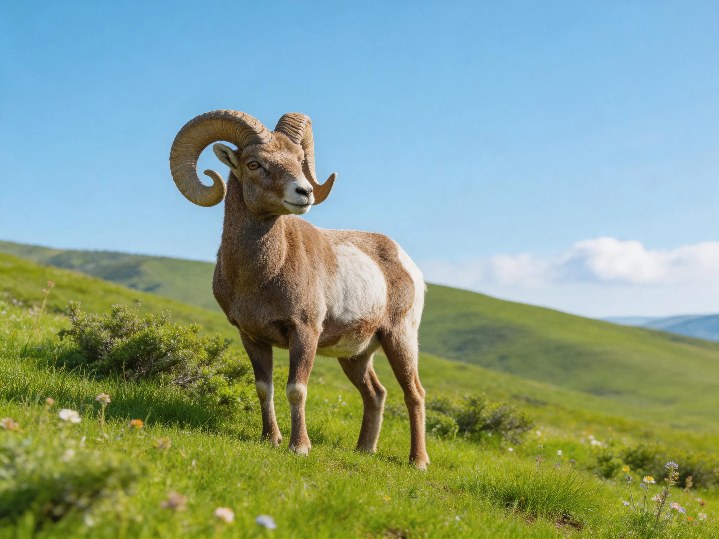 Bighorn sheep stands on a verdant grassy hillside