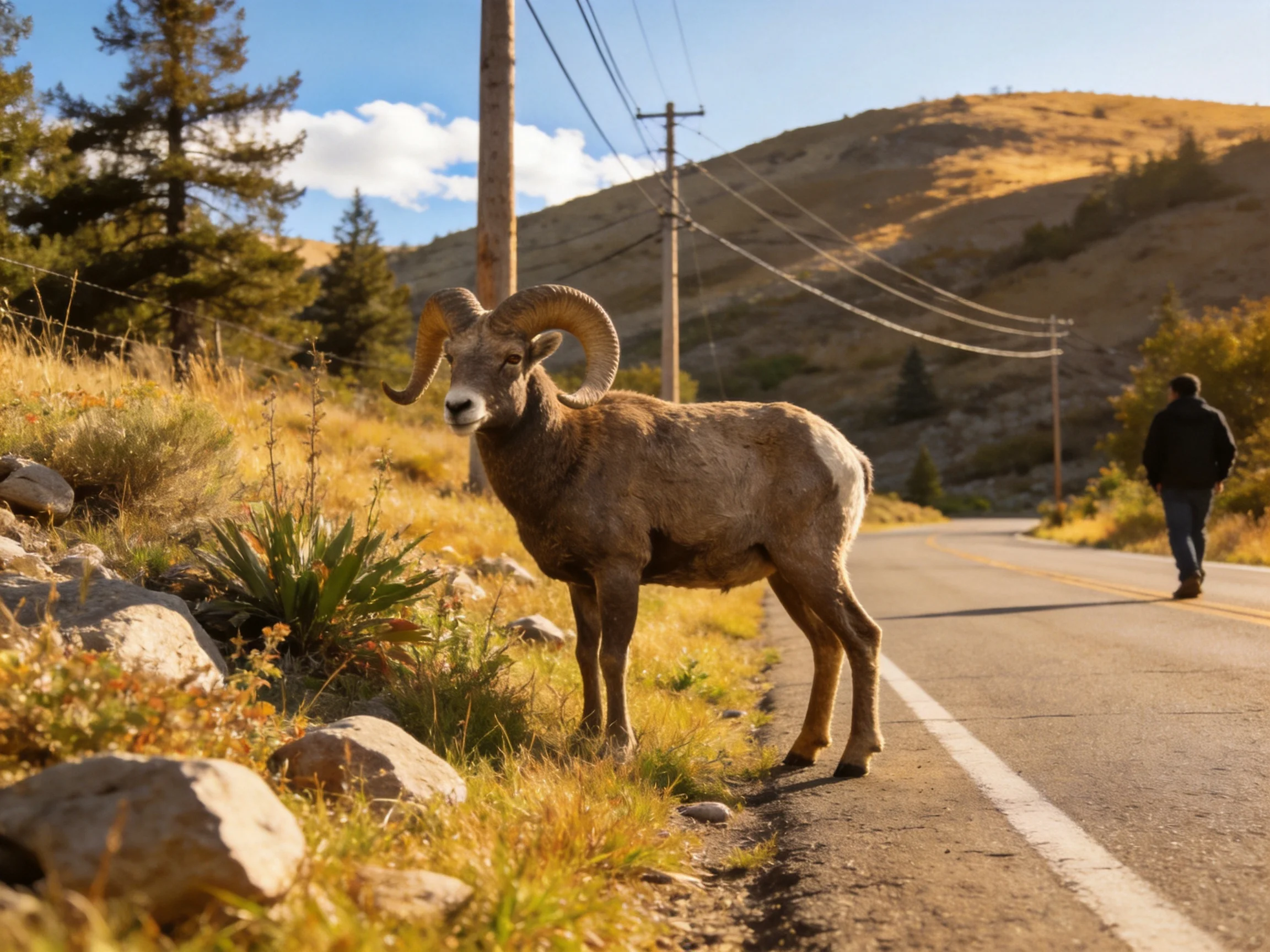 Bighorn sheep with large curved horns near mountain road