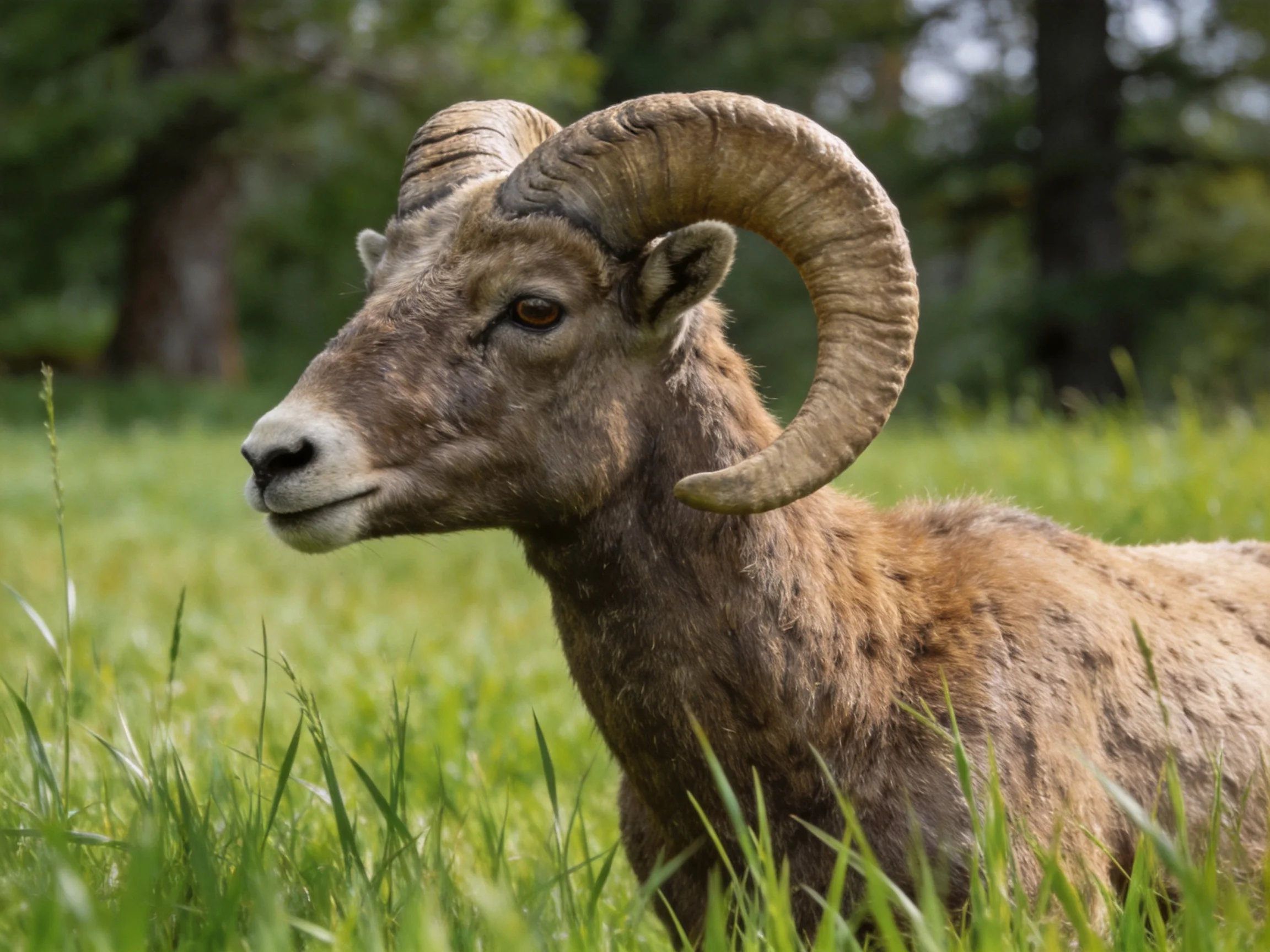 Bighorn sheep with massive curved horns in lush green meadow