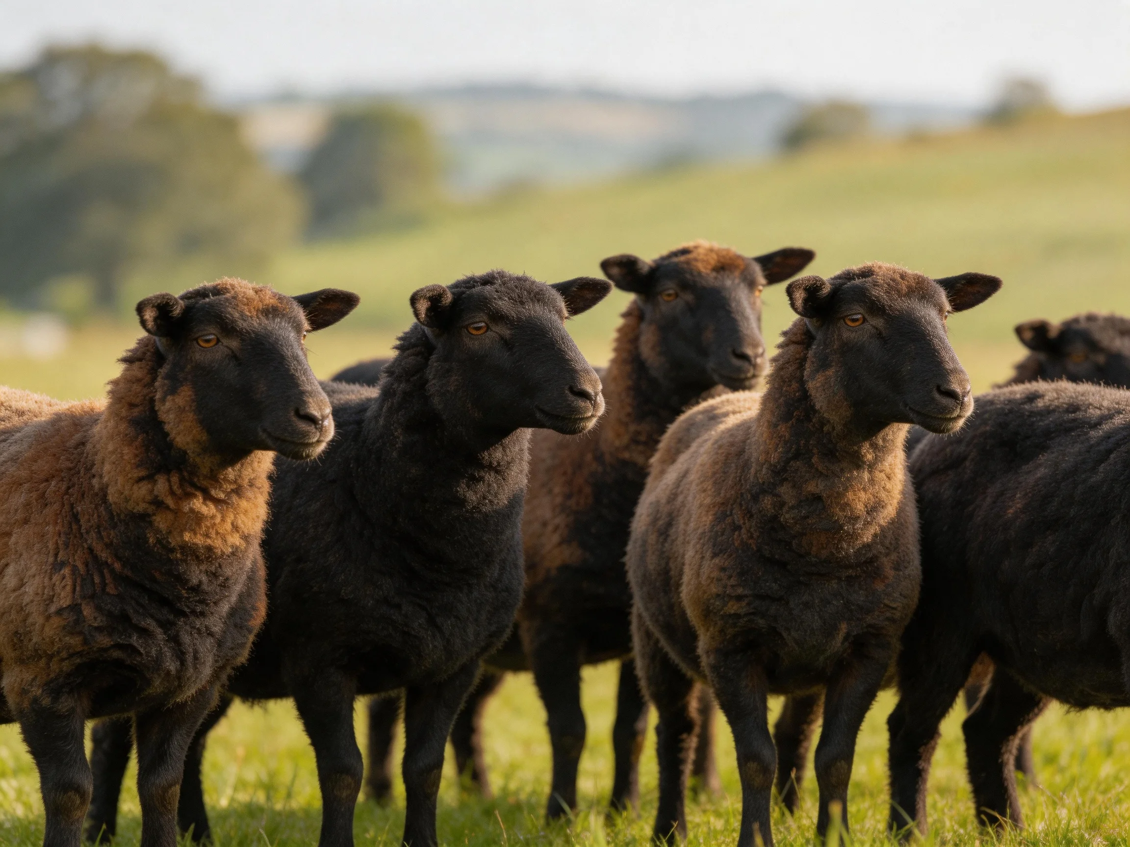 Black and brown sheep gather in a sunlit pasture