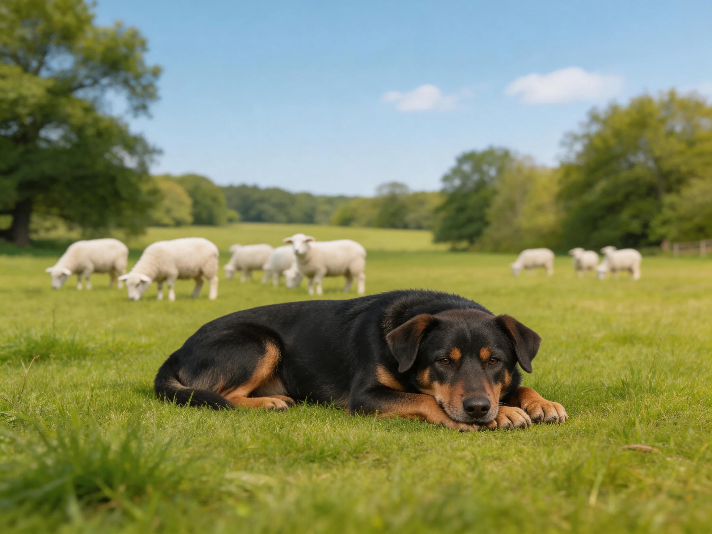 Black and tan dog rests near grazing white sheep in sunny green pasture