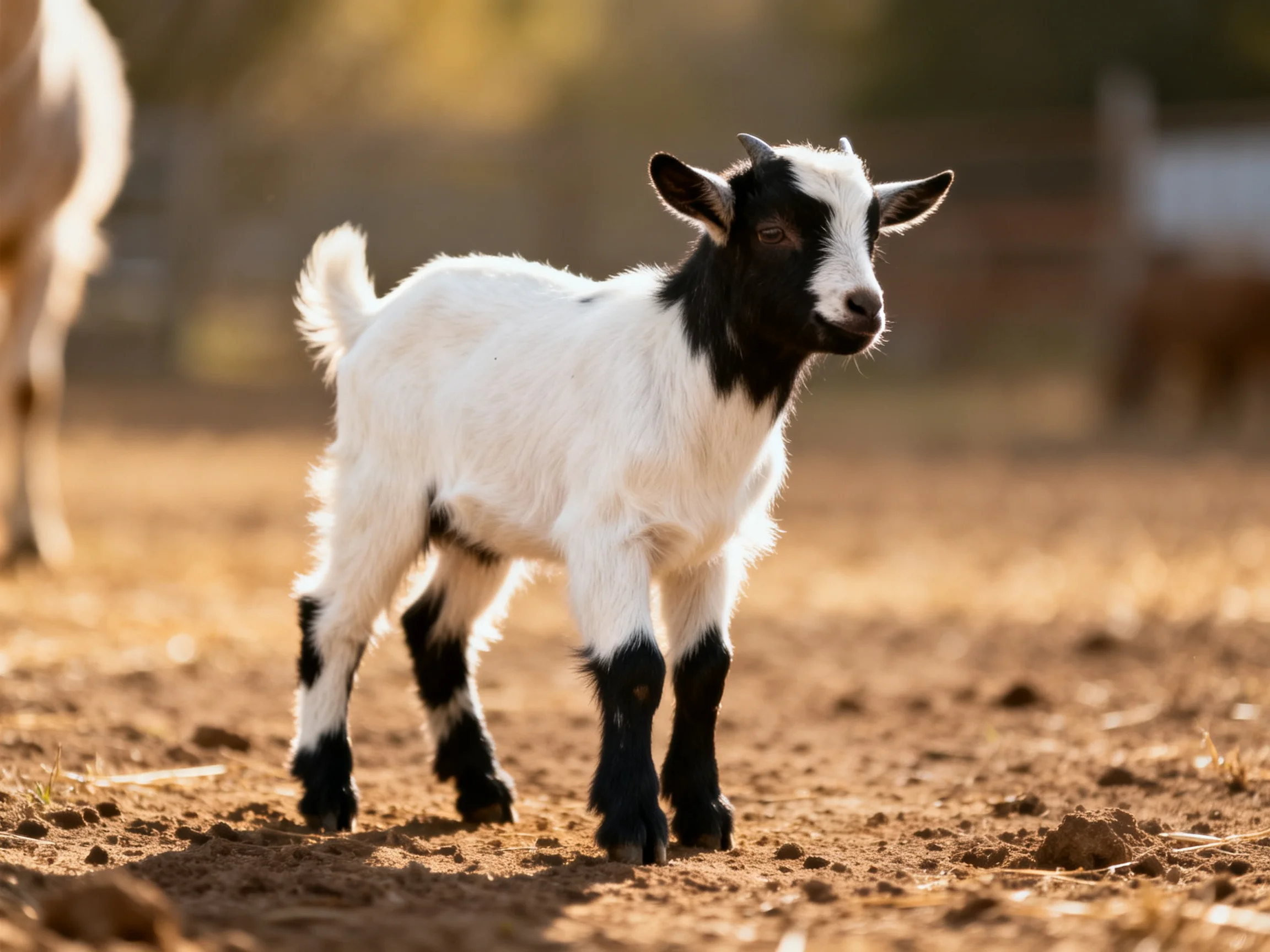 Black - and - white baby goat on sunlit dirt ground