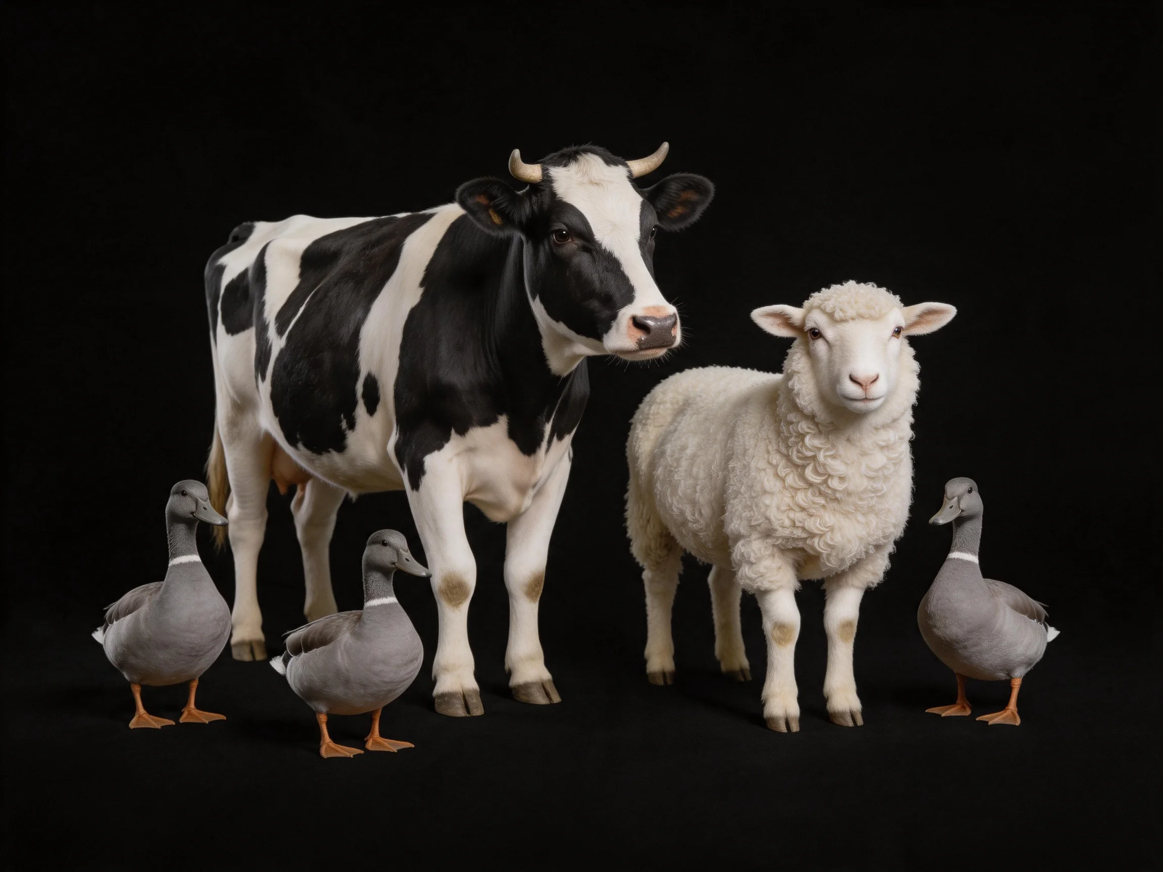 Black and white cow, white sheep, four gray ducks on black backdrop