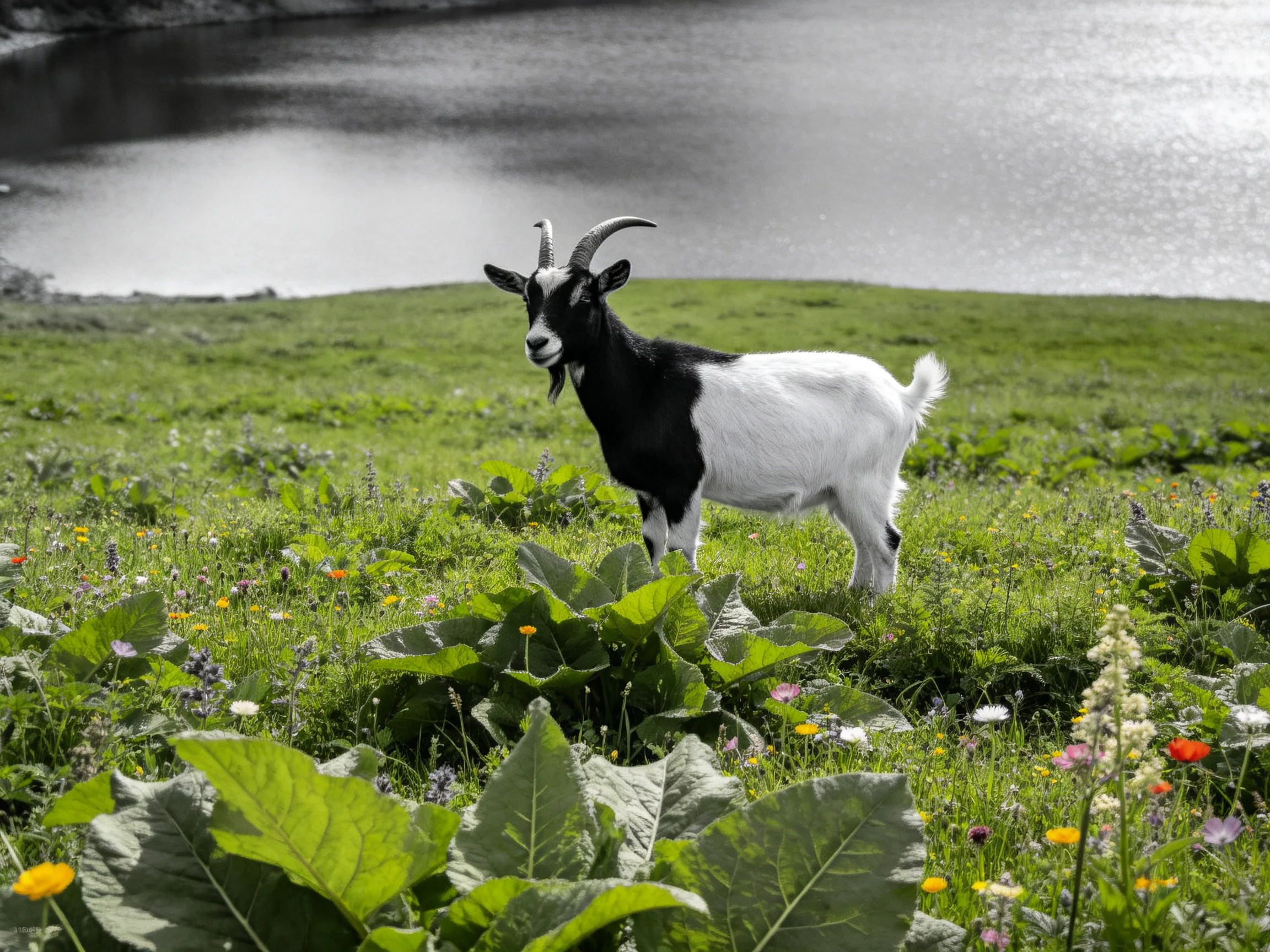 Black - and - white goat in a flowered meadow by a lake
