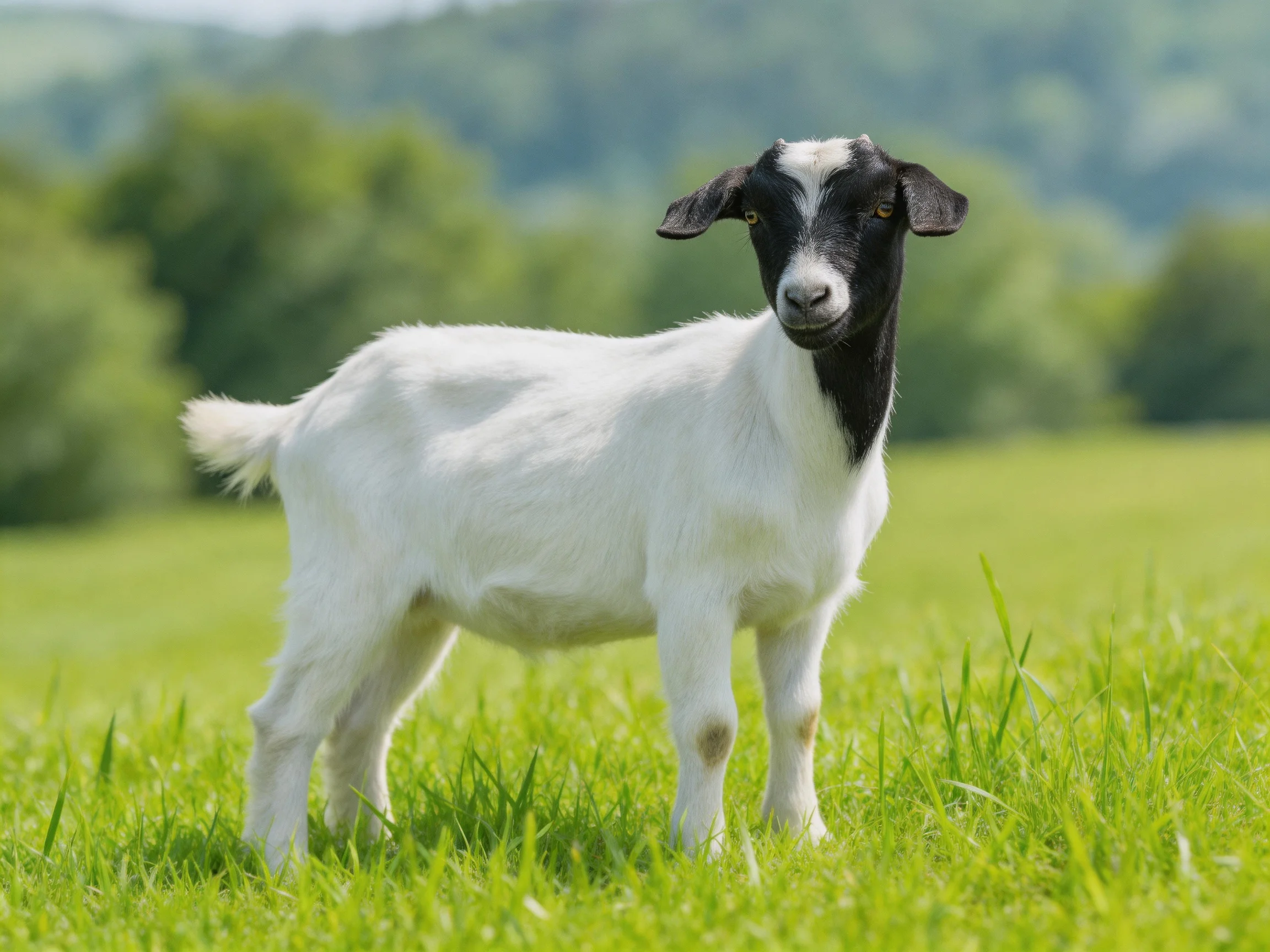 Black and white goat in a lush green meadow