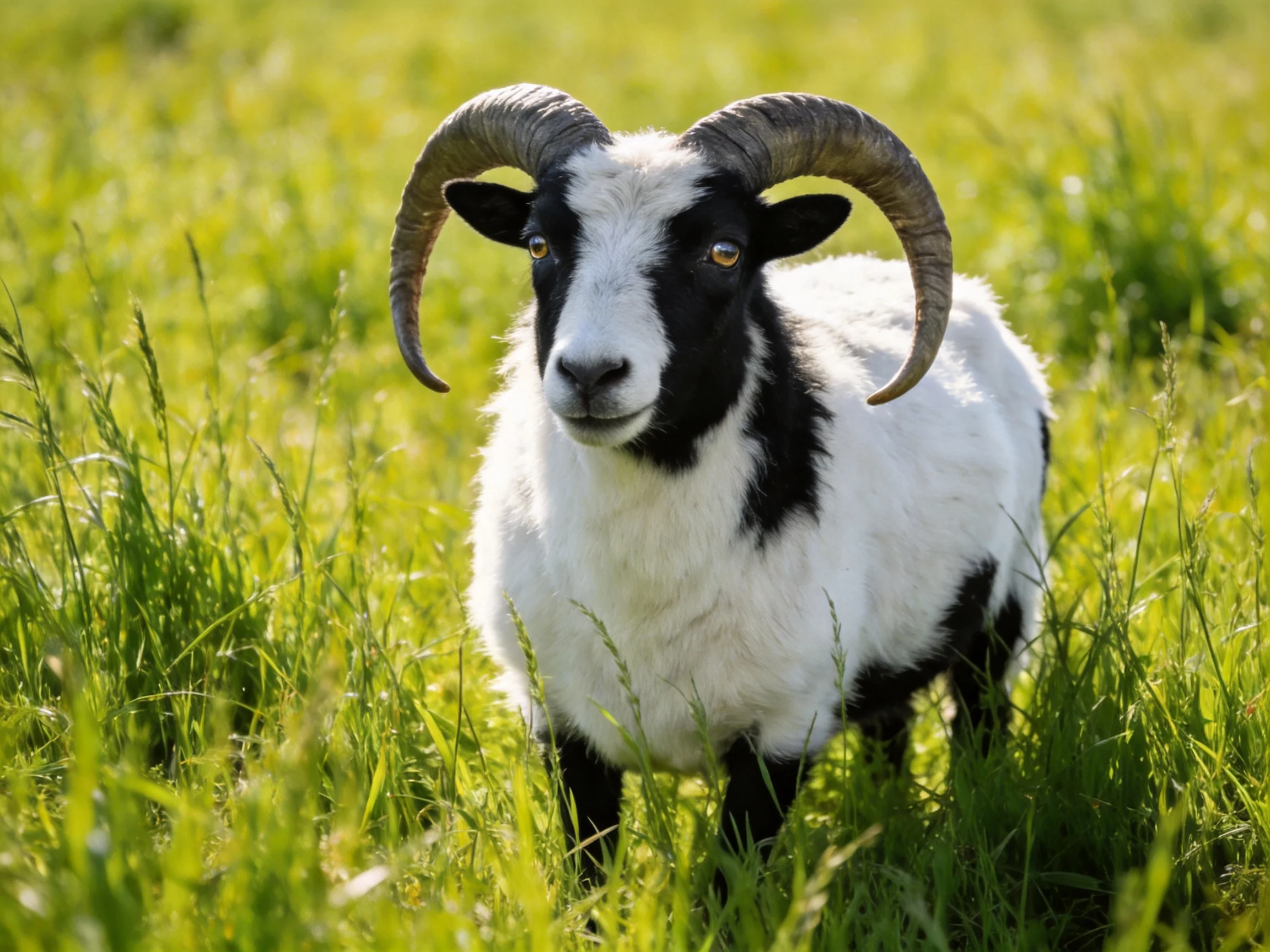 Black-and-white goat with large curved horns in green meadow