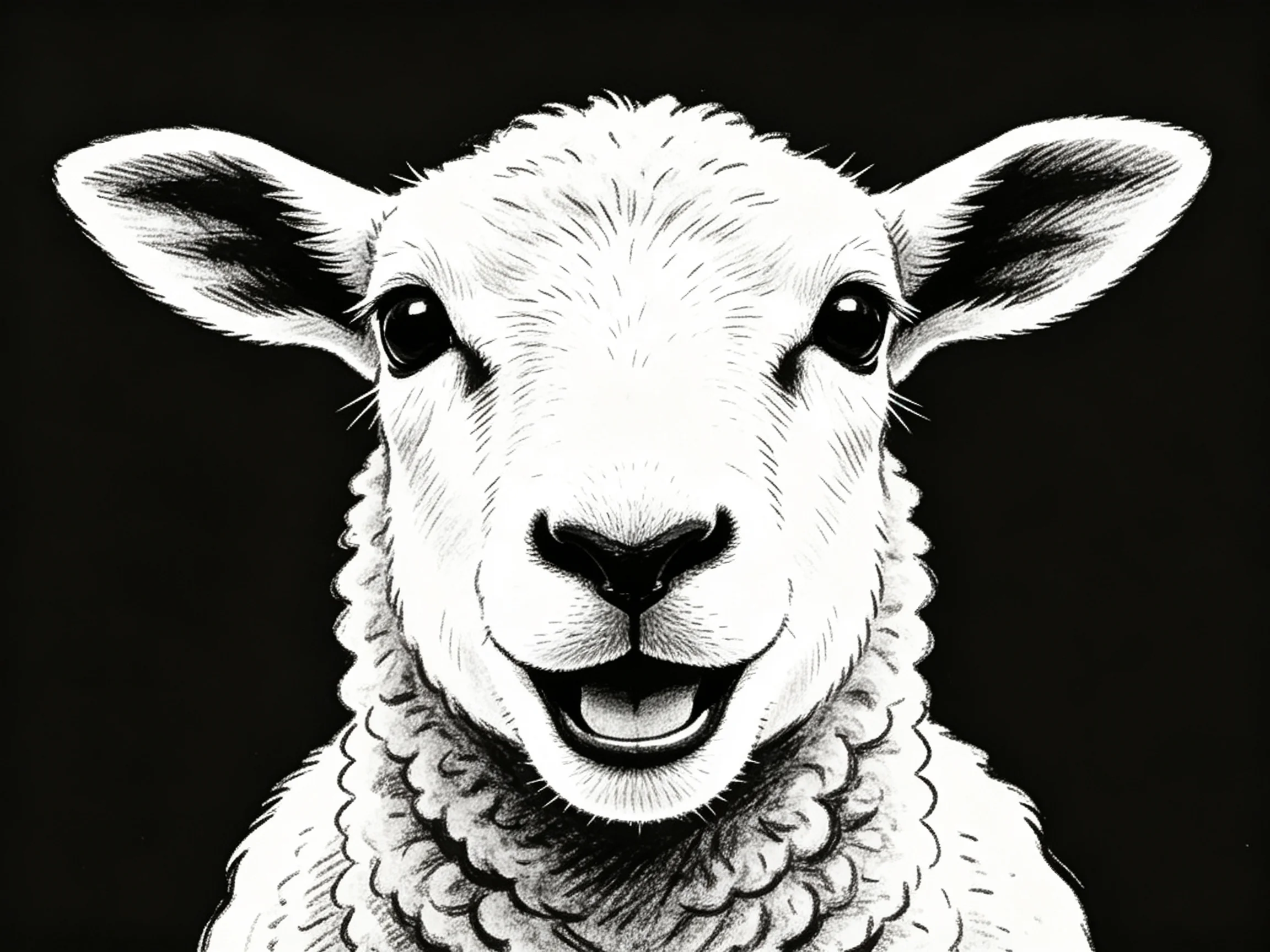 A black and white illustration of a smiling lambwith expressive eyes.