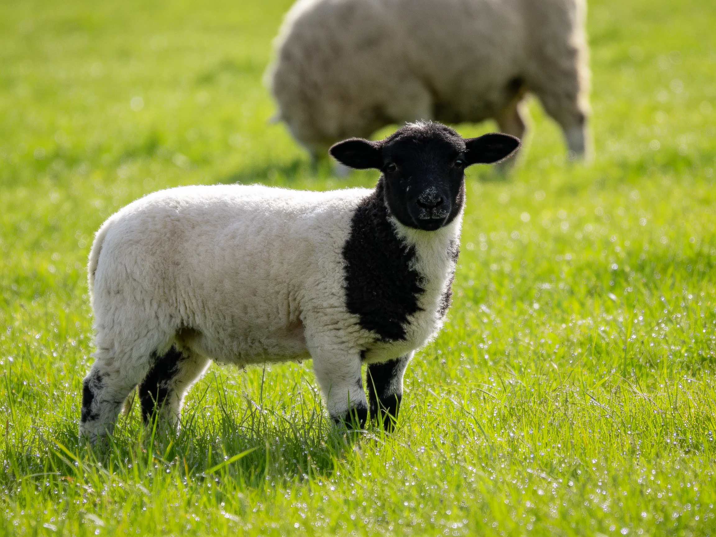 A black-and-white lamb is in a grassy field with a larger sheep behind it.