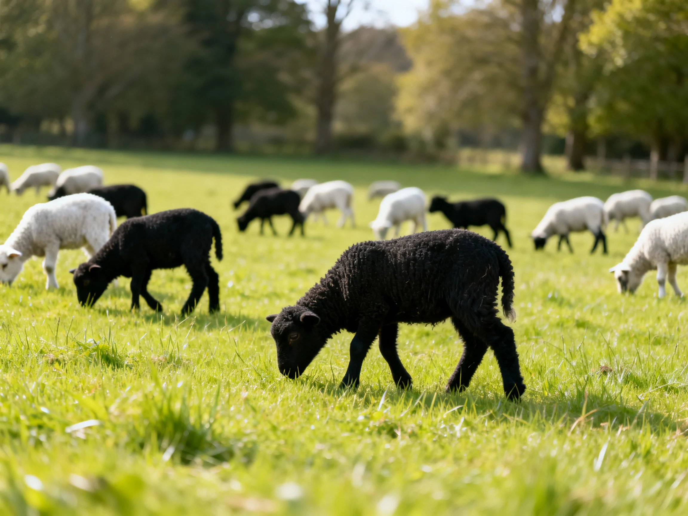Black and white lambs graze in a lush green pasture with trees