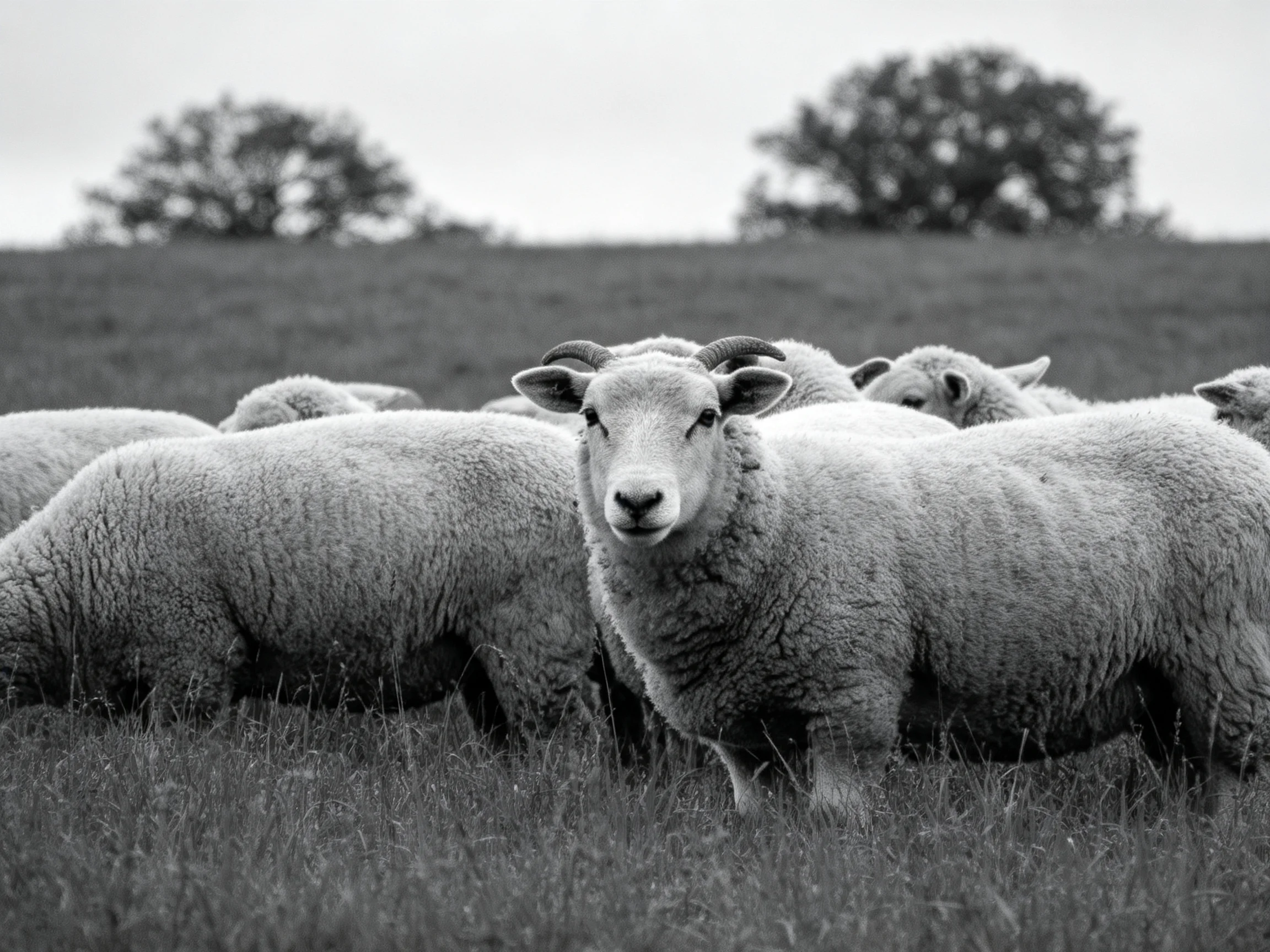 Black and white photo of sheep in a grassy field