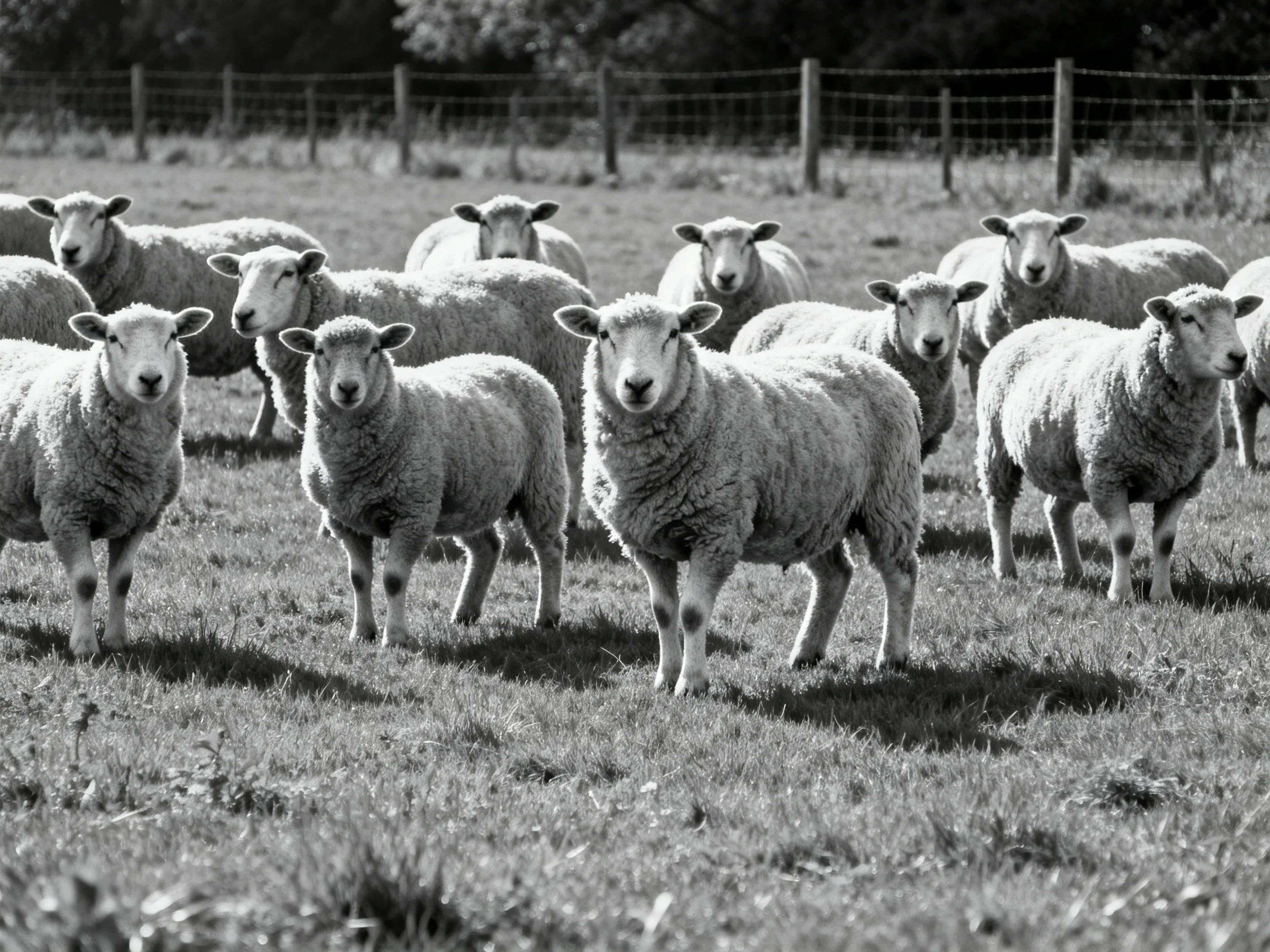 Black and white photograph of many sheep in a fenced pasture