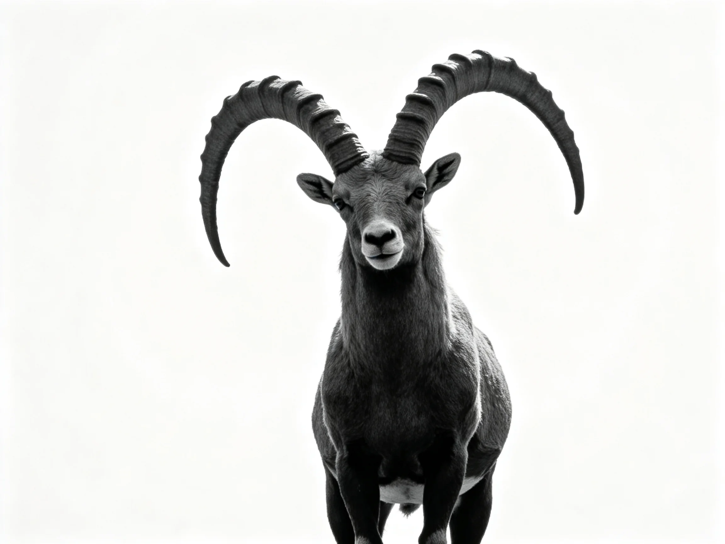 Black and white portrait of an ibex with large curved horns