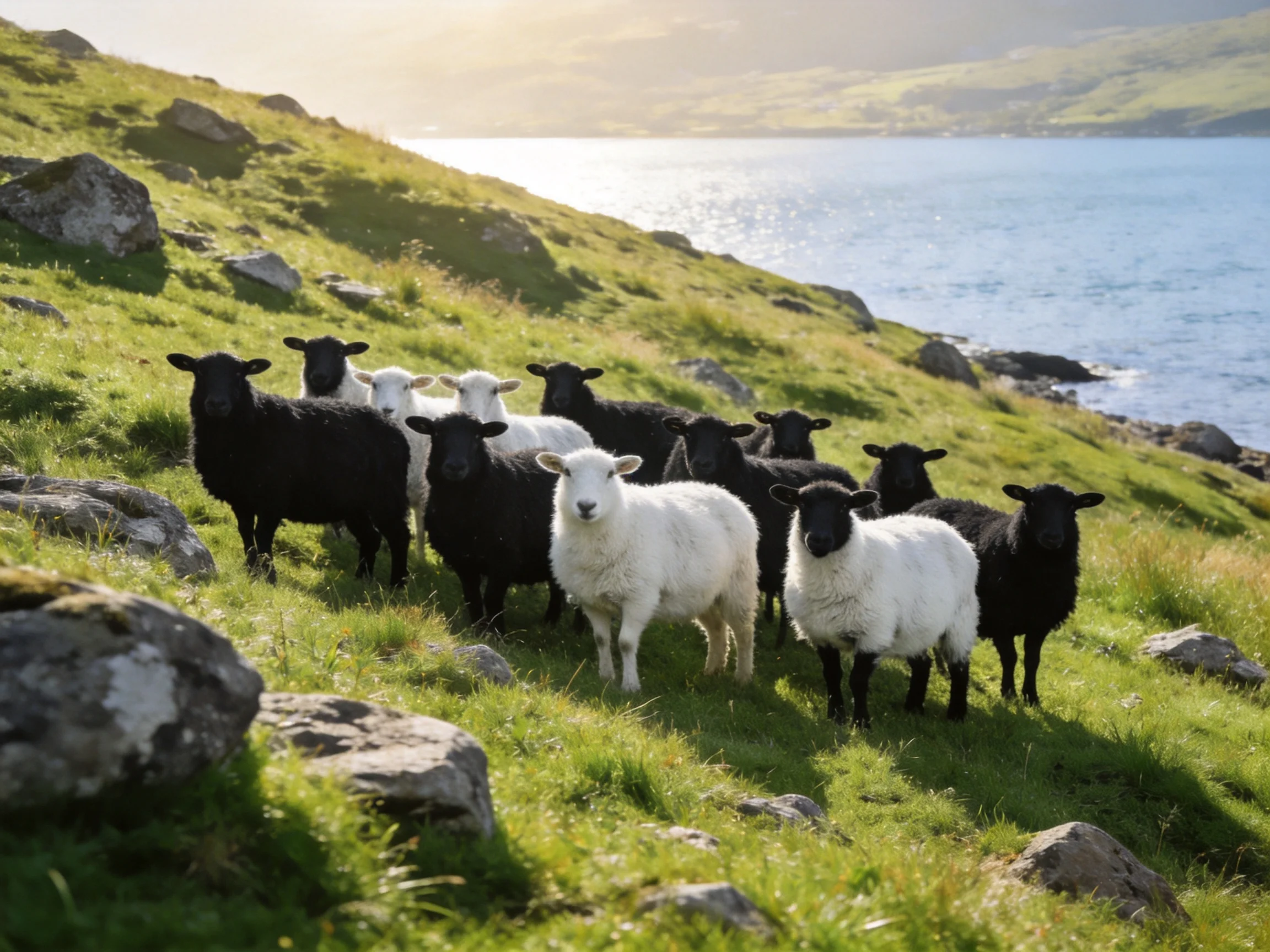 Black and white sheep gather on rocky coastal hillside
