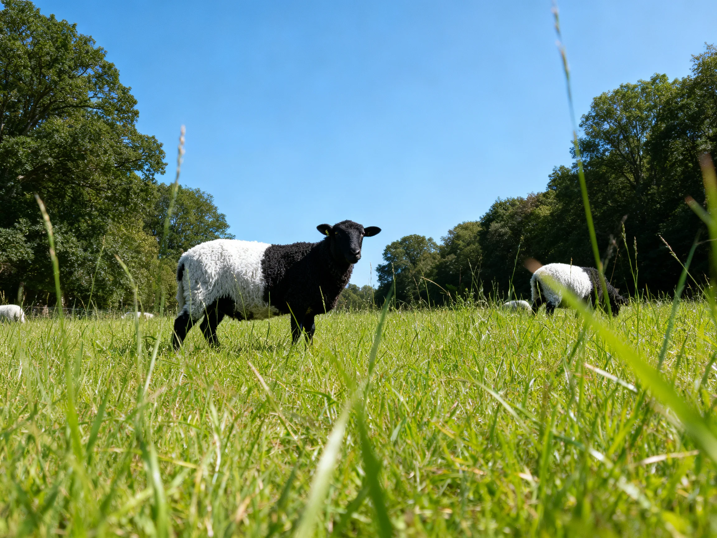Black-and-white sheep graze in a lush green meadow with tall trees